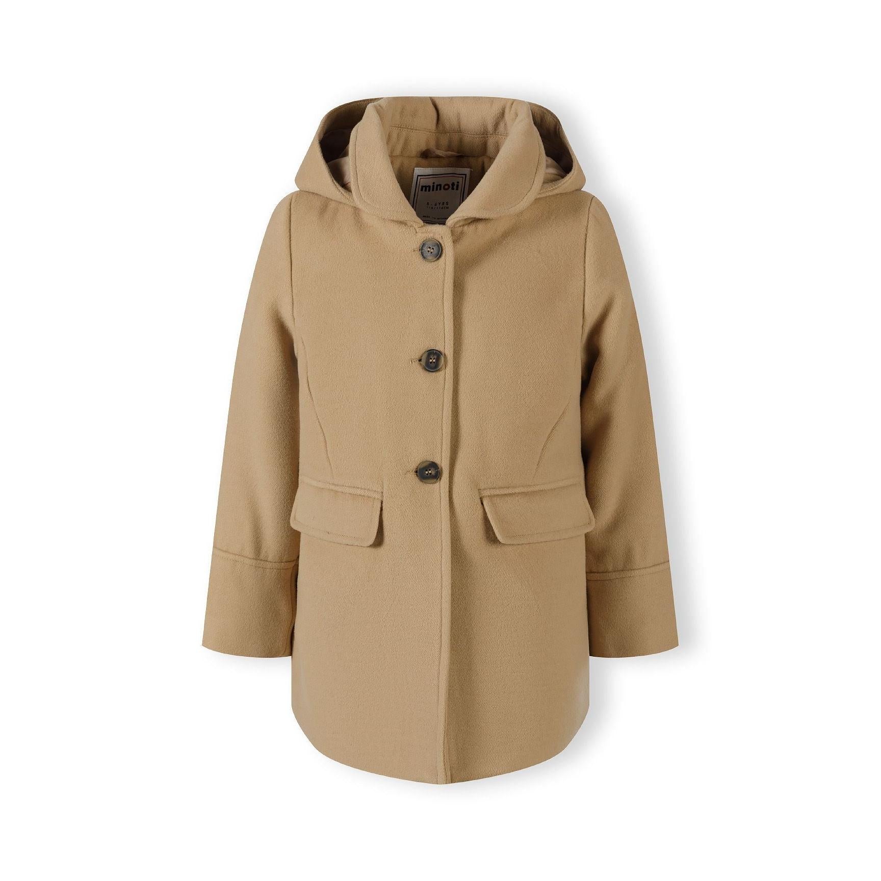 Back view of beige padded coat showing hood design, structured silhouette and quality construction details on white background