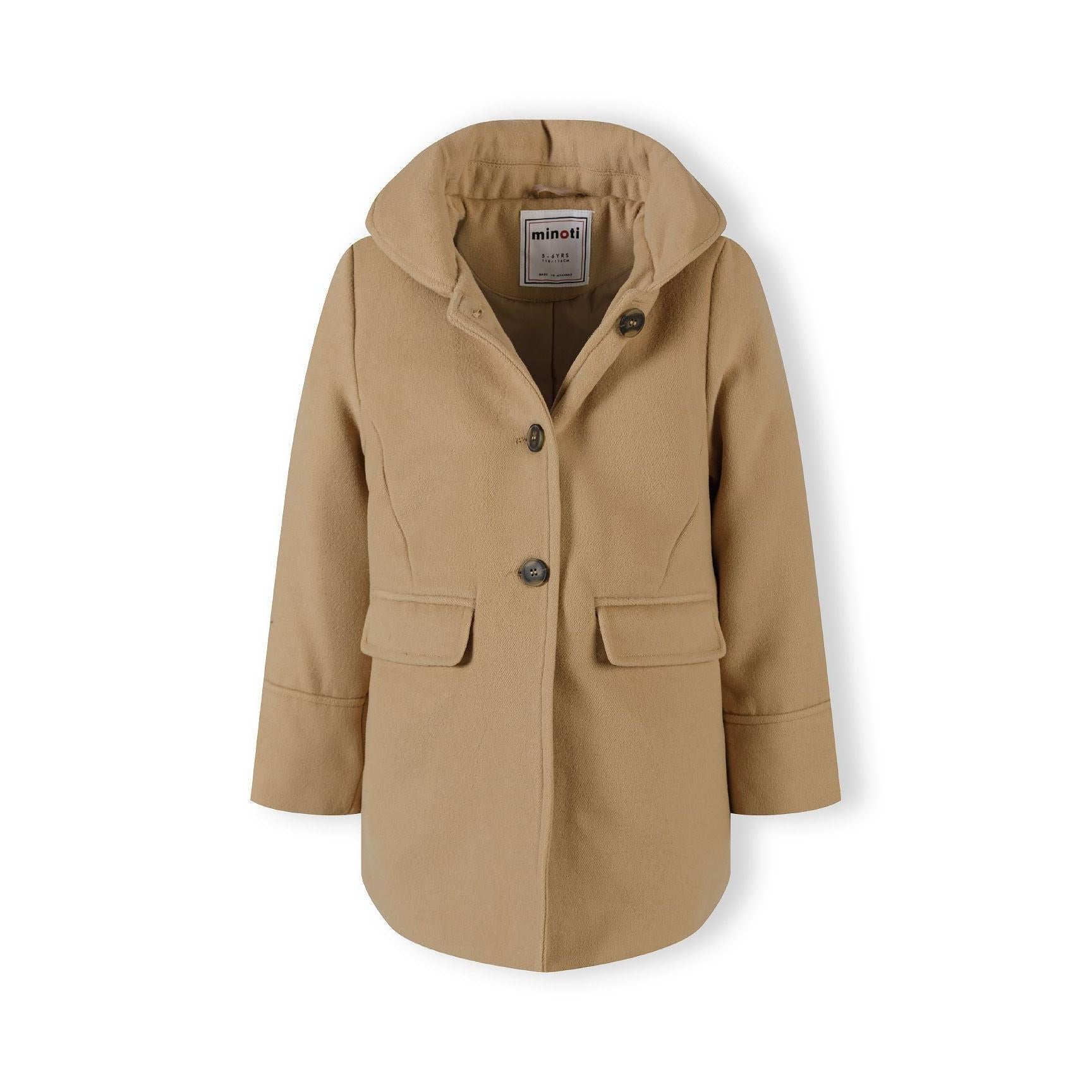 Close-up detail of beige padded coat showing fabric texture, front pocket construction and quality stitching