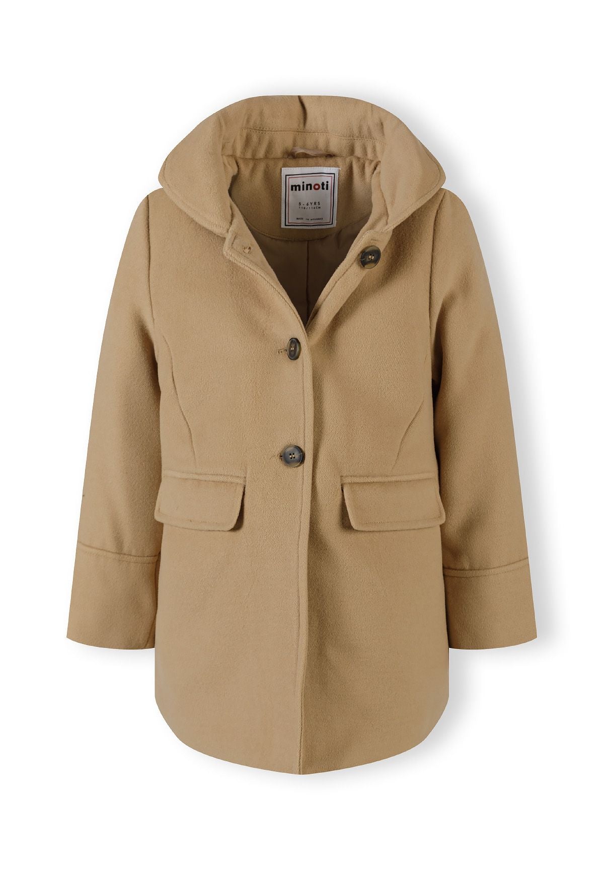 Girls padded coat in beige, front view with button fastening and two patch pockets.