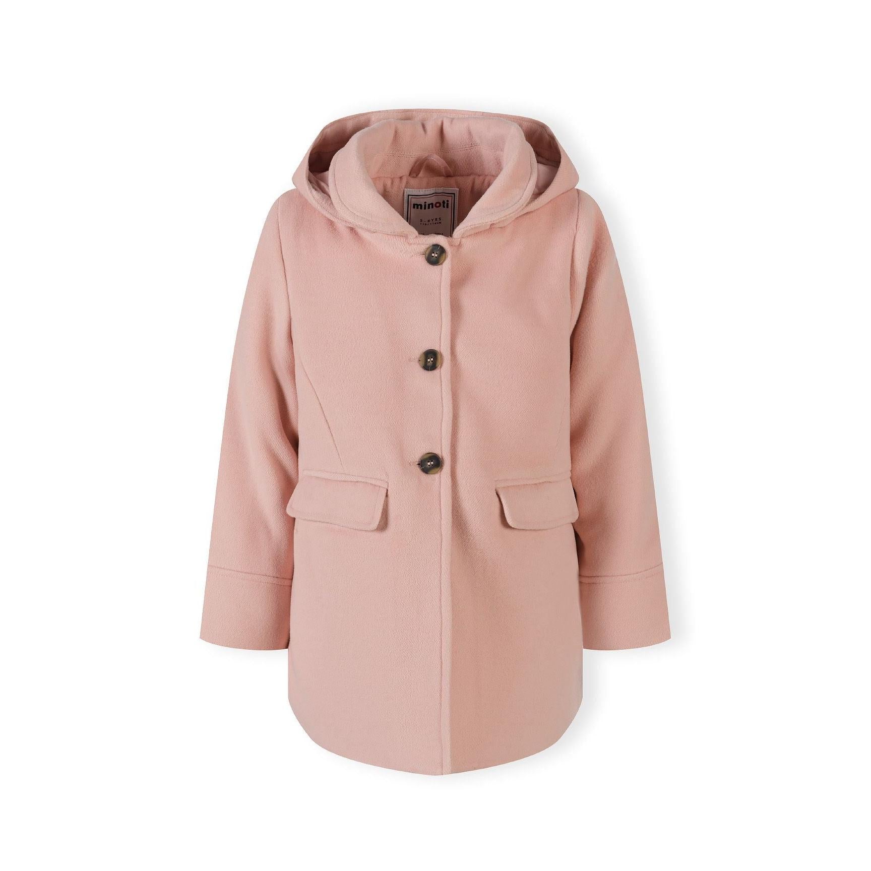 Back view of pink hooded padded coat laid flat showing hood construction, sleeve details and overall silhouette against white background