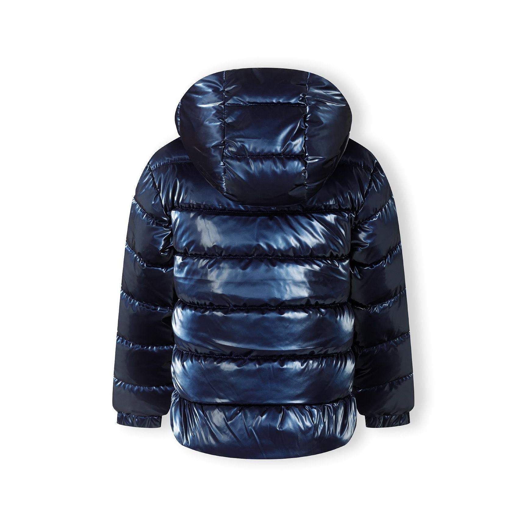 Back view of metallic navy padded jacket showing quilted design, hood detail and overall silhouette on white background