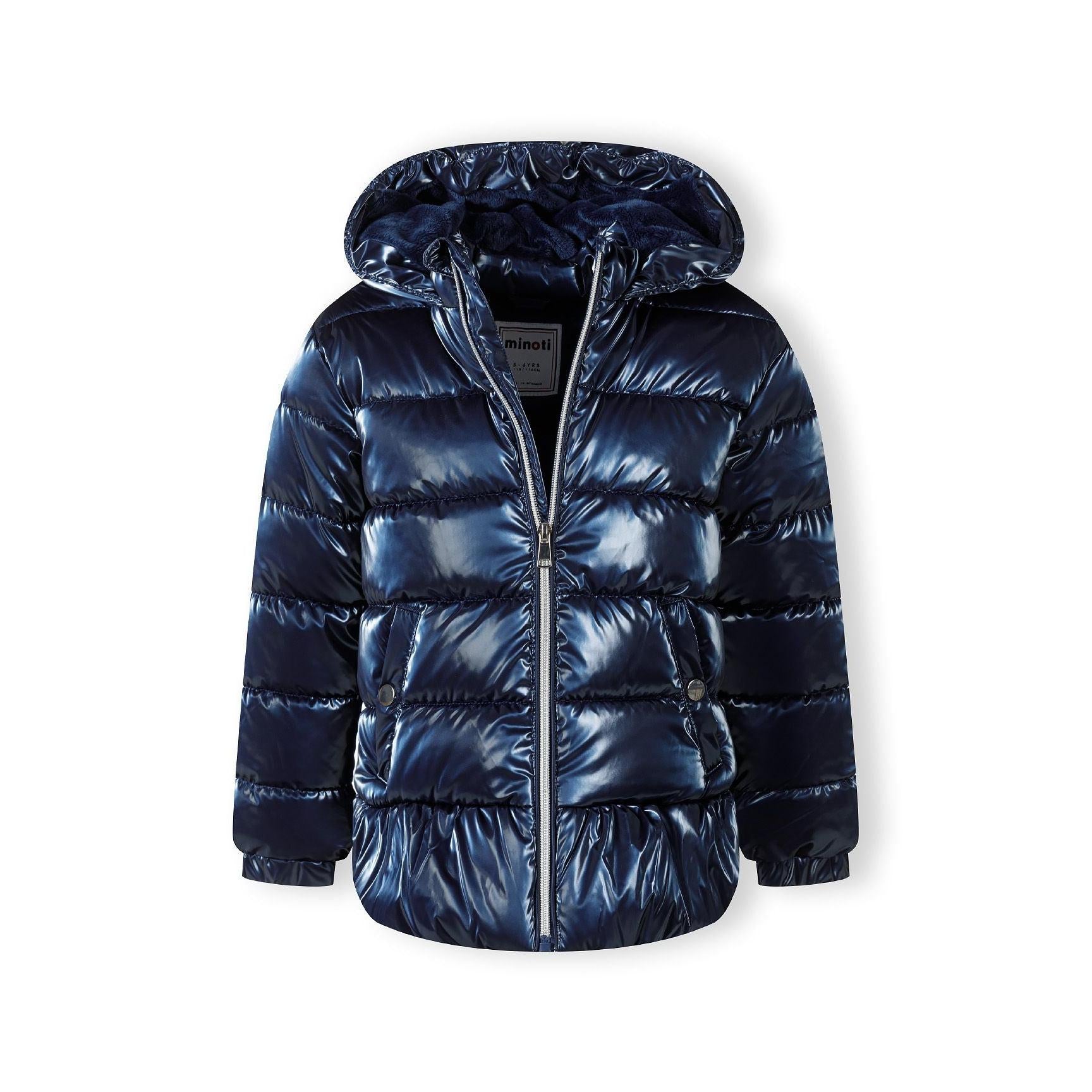 Close-up detail of metallic navy padded jacket showing zip closure, quilted panels, chest pocket and shiny fabric texture
