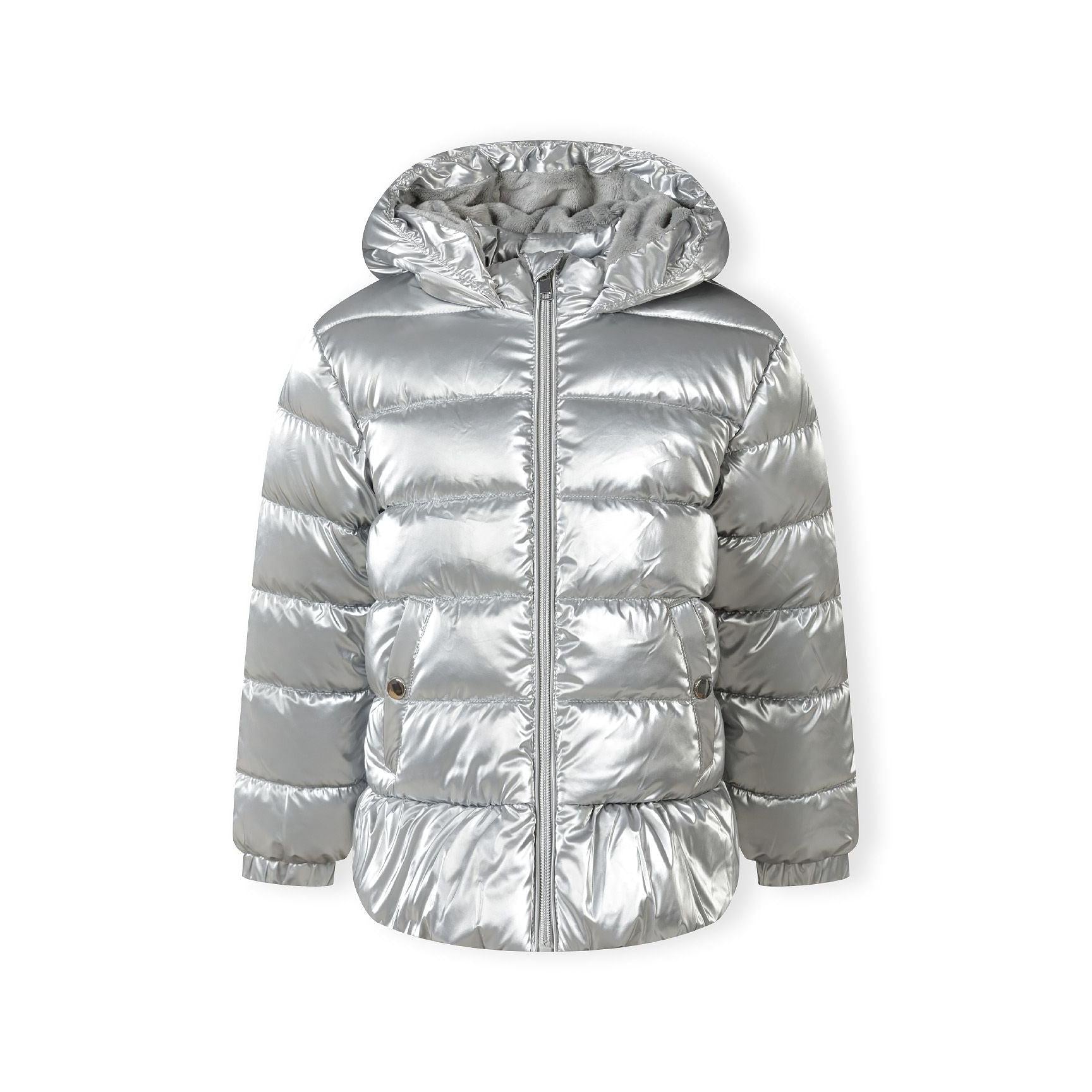 Back view of silver metallic padded jacket showing quilted pattern and hood detail against white background