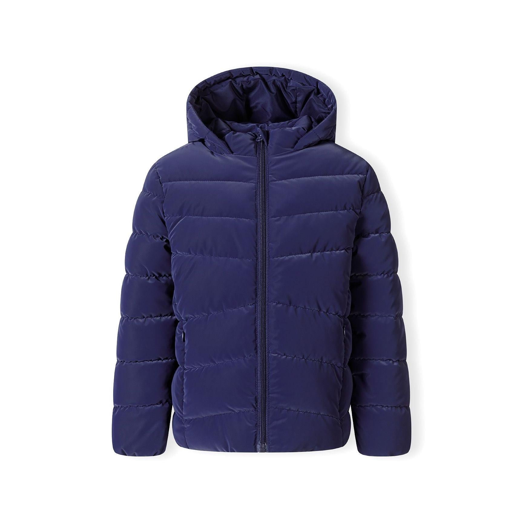 Navy padded jacket laid flat showing quilted design, full zip front, hood and Minoti label, photographed against white background