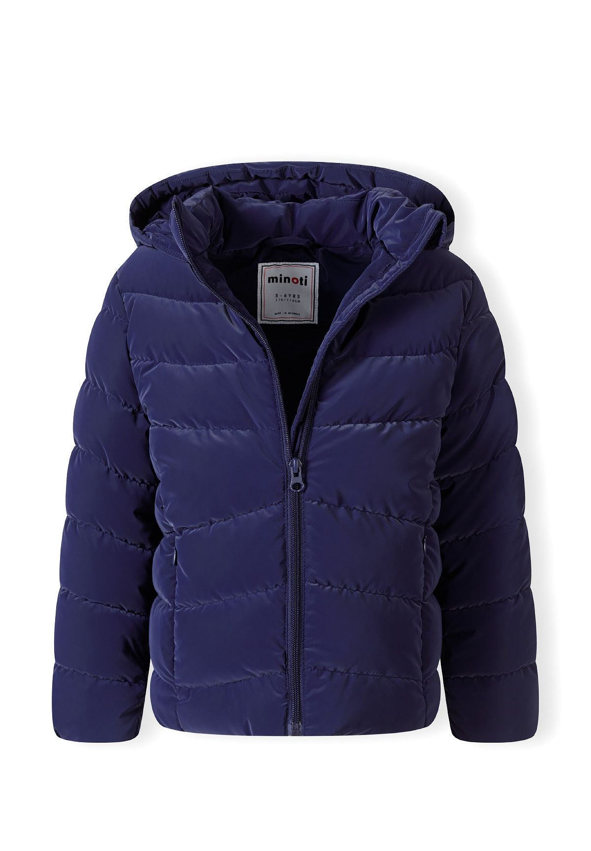 Girls padded jacket in navy, front view with full zip and ribbed cuffs.