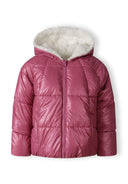 Girls padded reversible jacket in metallic purple, front view with zip closure and plush lining.