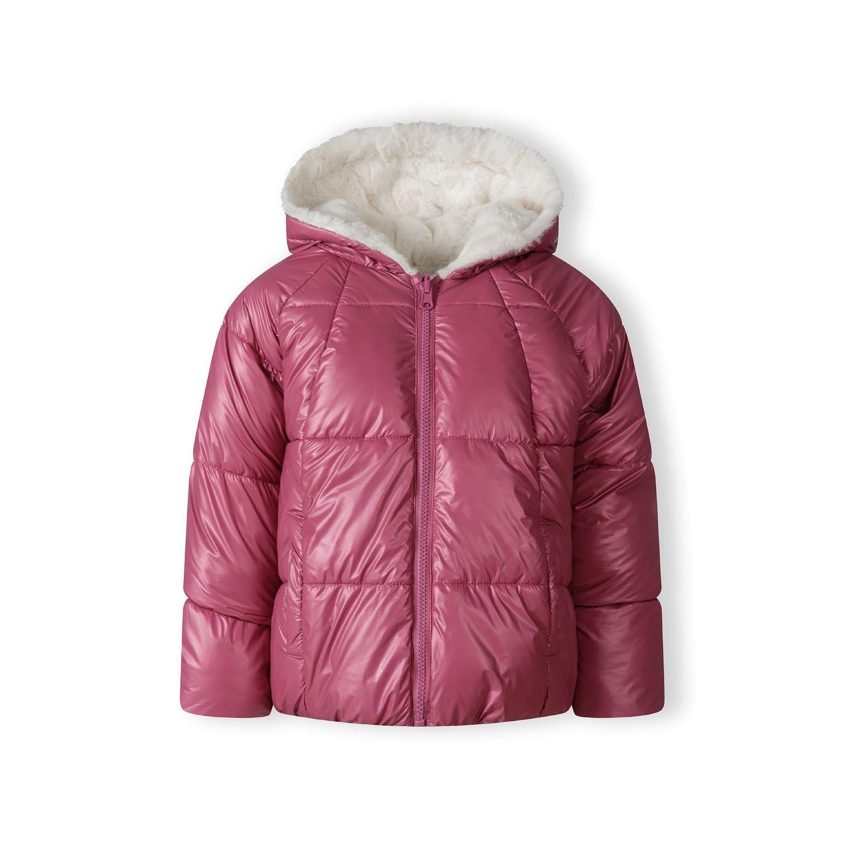 Metallic purple reversible padded jacket with white teddy fur hood lining, front zip closure, displayed flat on white background