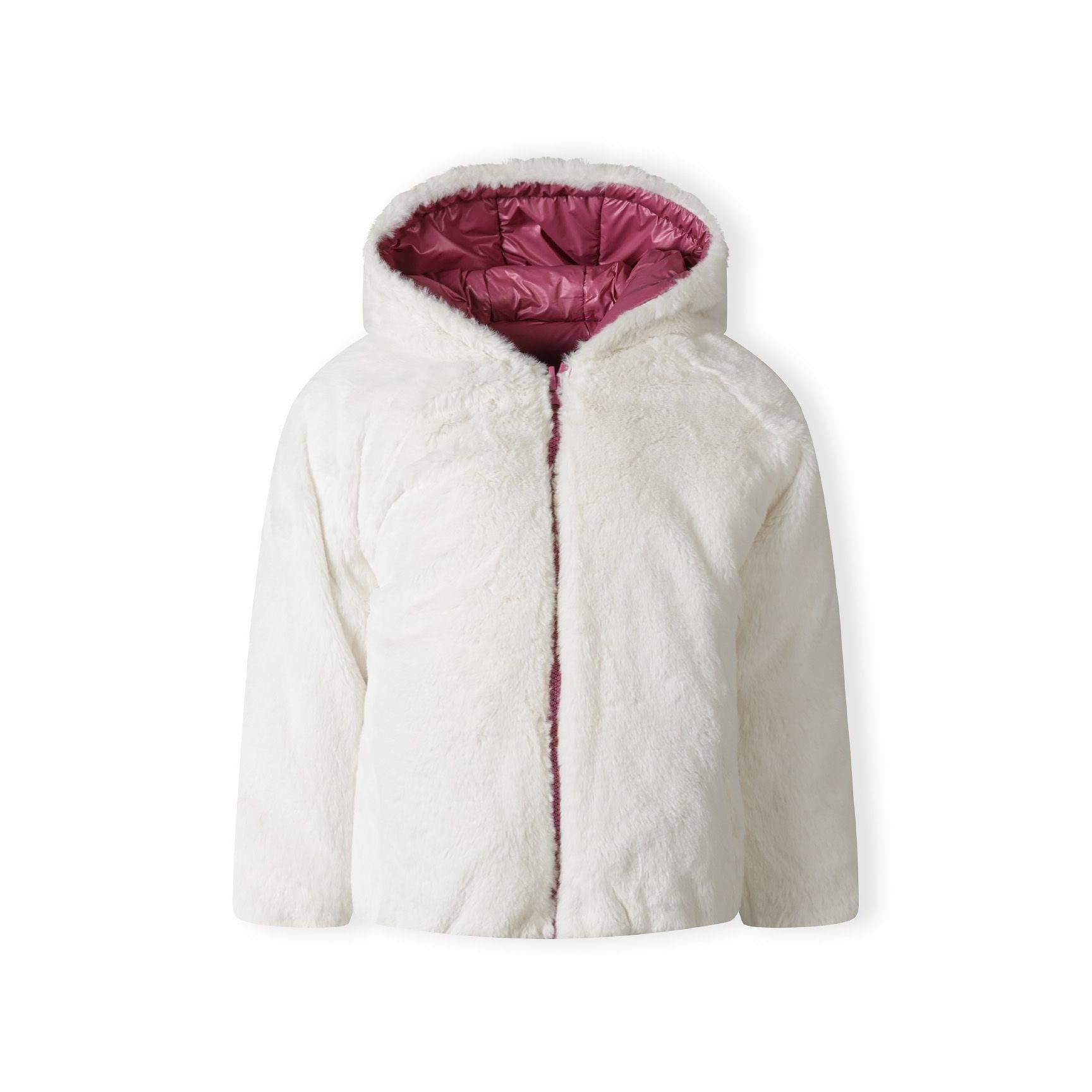 Close-up view of metallic purple reversible padded jacket showing quilted construction and white teddy fur hood interior, displayed flat on white background