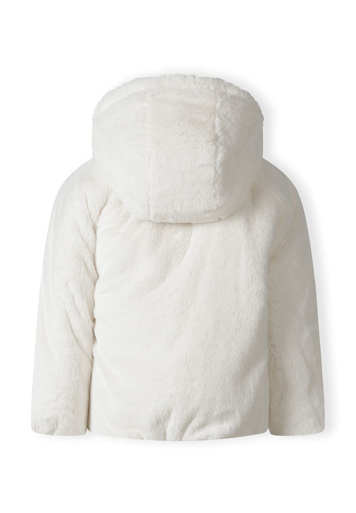 Back of reversible jacket's white plush face with matching hood and plain hem.