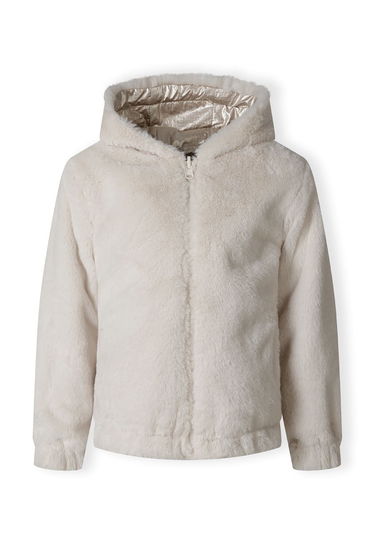 The fluffy side of the reversible jacket, front view.