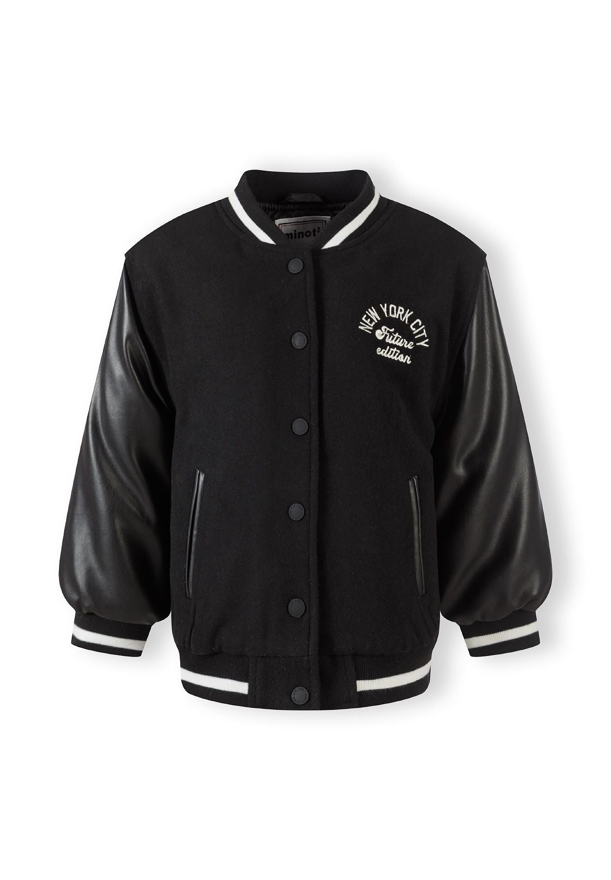 Front of a black varsity jacket.