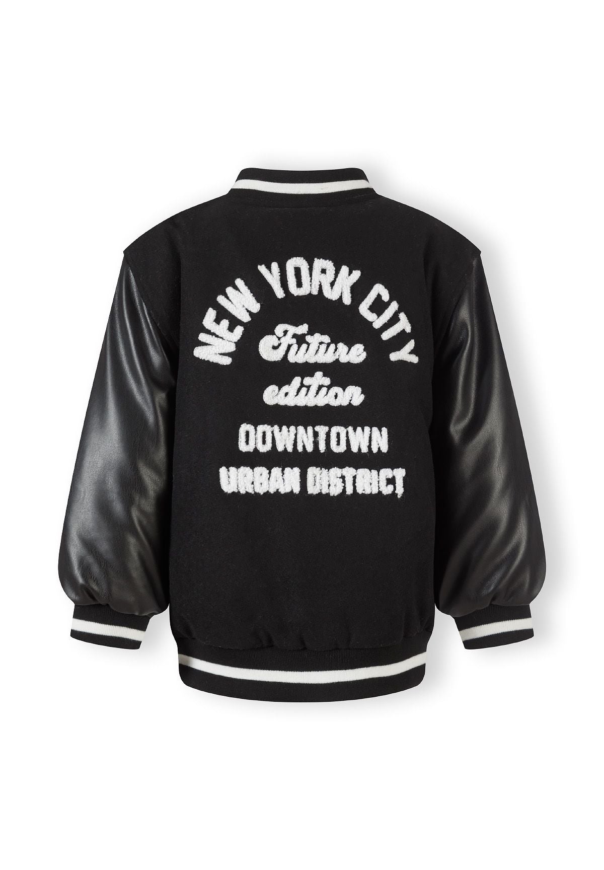 Boys baseball jacket in black with back print, ribbed cuffs and collar.