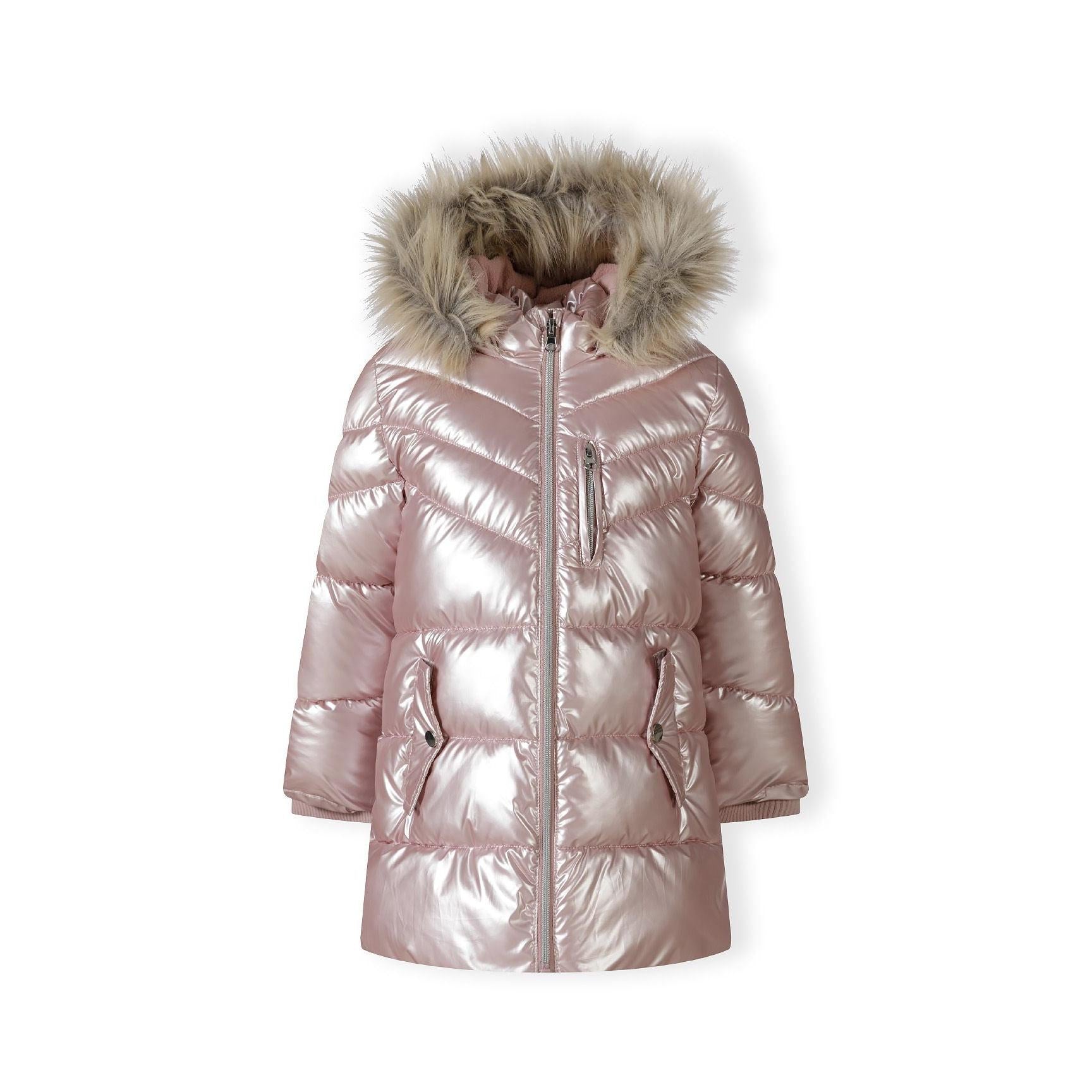 Pink puffer coat laid flat showing full length design with detachable faux fur hood and front zipper closure