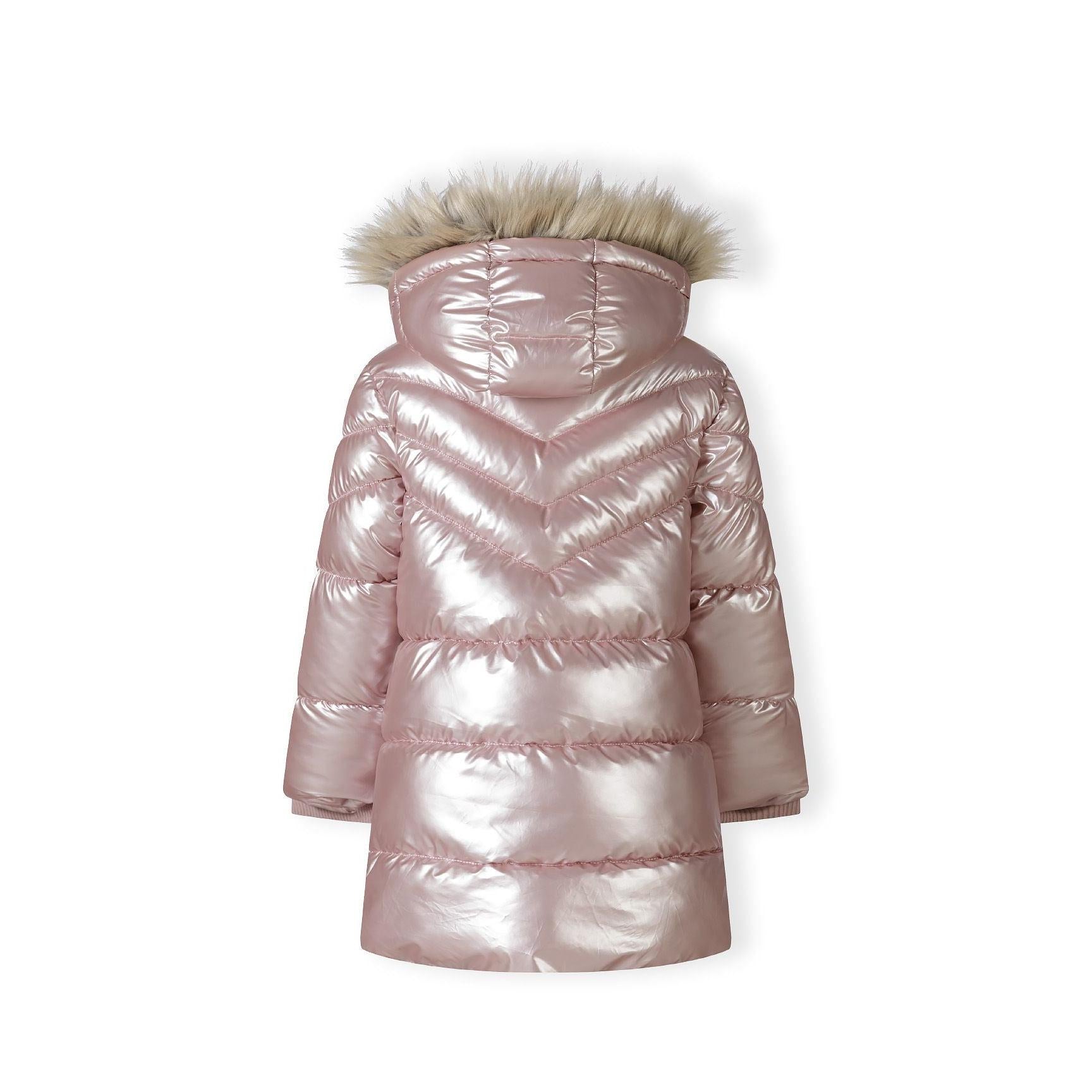 Close-up detail of pink puffer coat showing quilted texture, chest pocket with snap closure and ribbed cuff