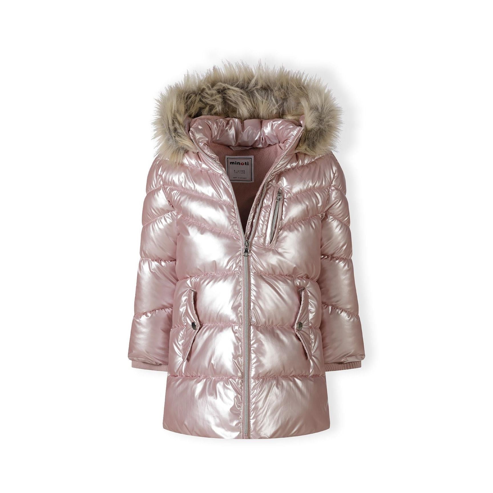 Pink puffer coat laid flat showing full length design with detachable faux fur hood and front zipper closure