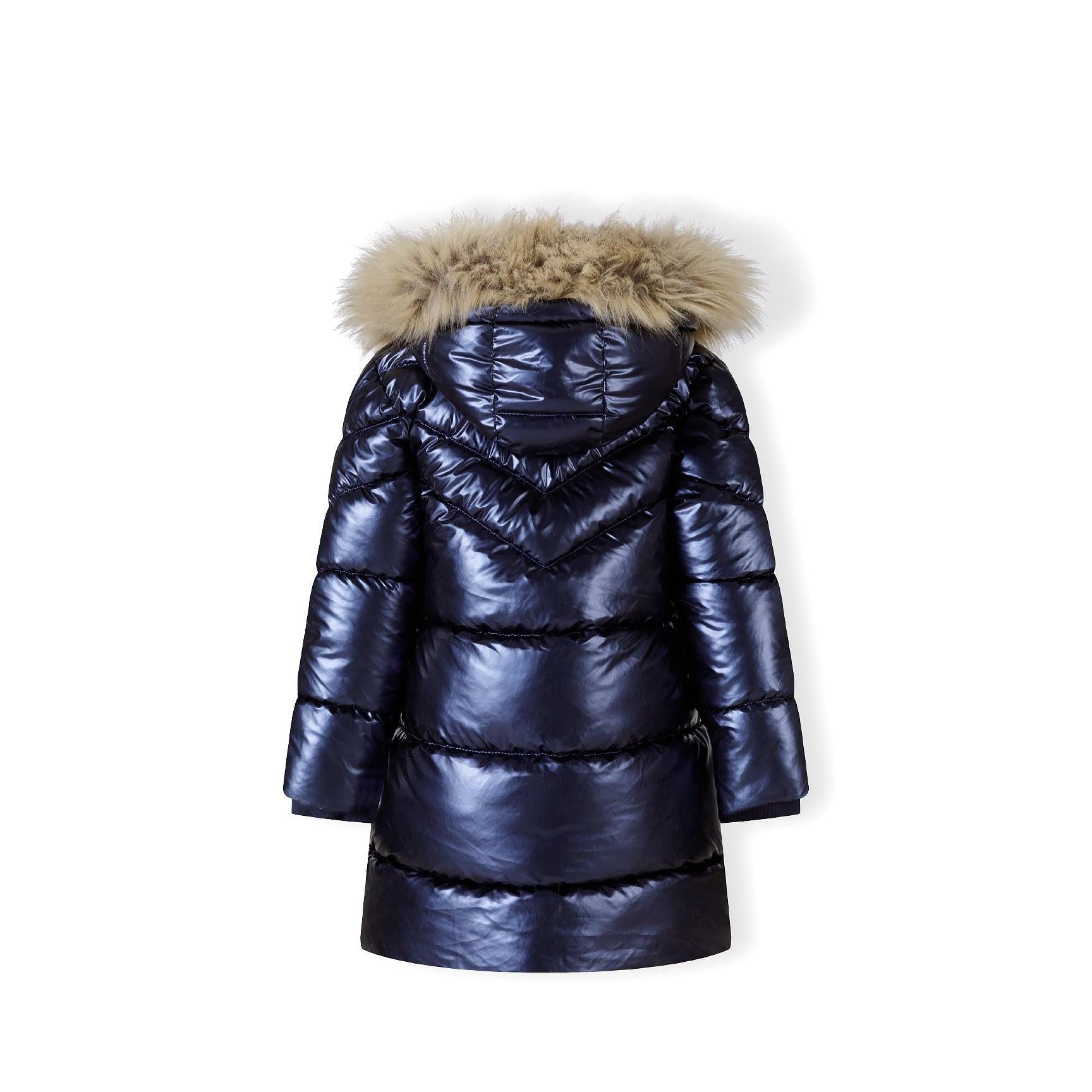 Back view of navy quilted winter parka showing detachable faux fur hood trim and quilted construction details