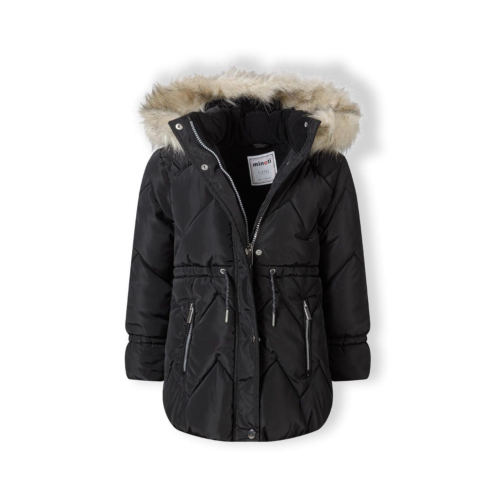 Black quilted parka jacket displayed flat against white background showing diamond quilting pattern, faux fur hood trim and multiple zip pockets