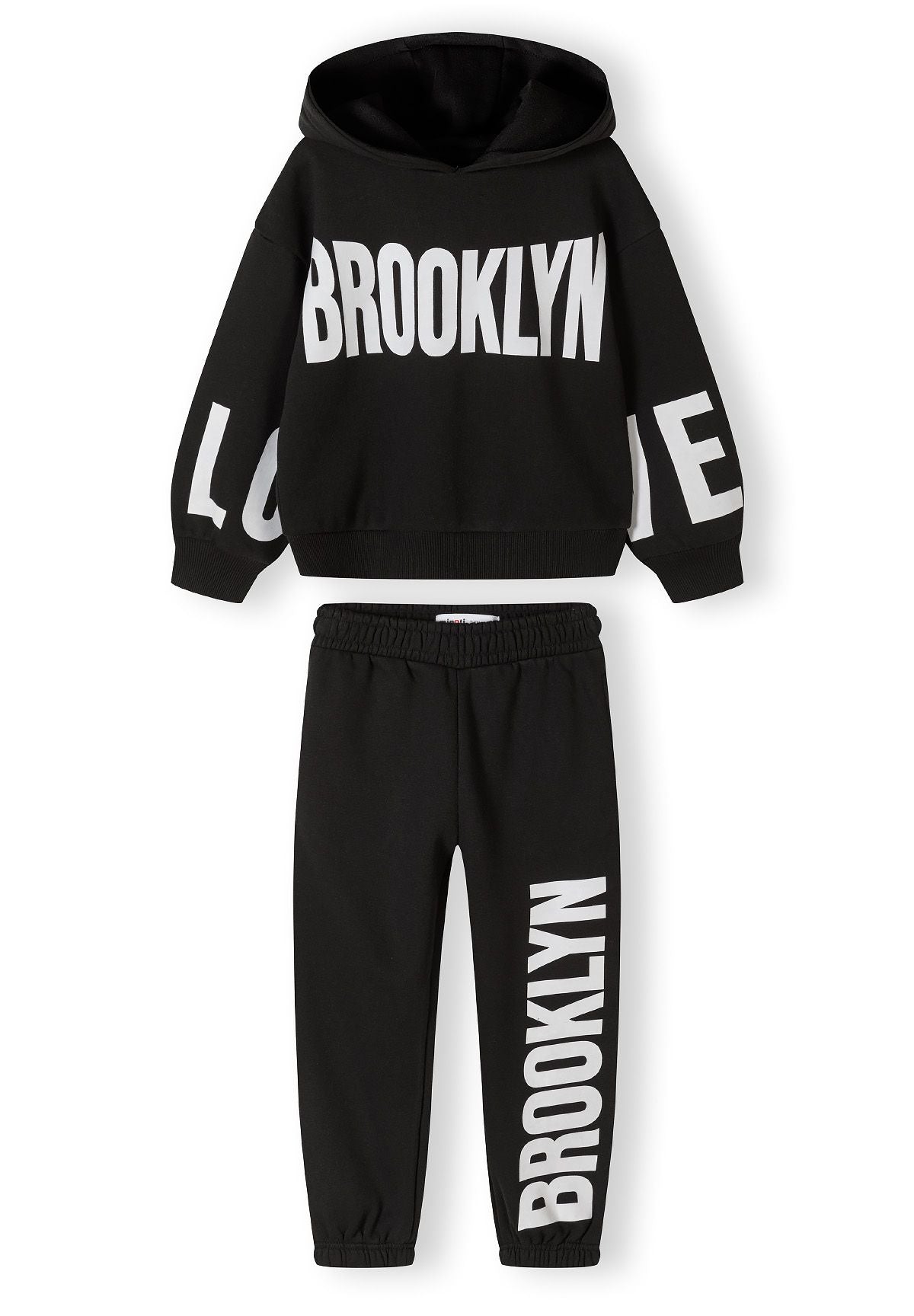 Girls hooded tracksuit in black, featuring printed details, front view.
