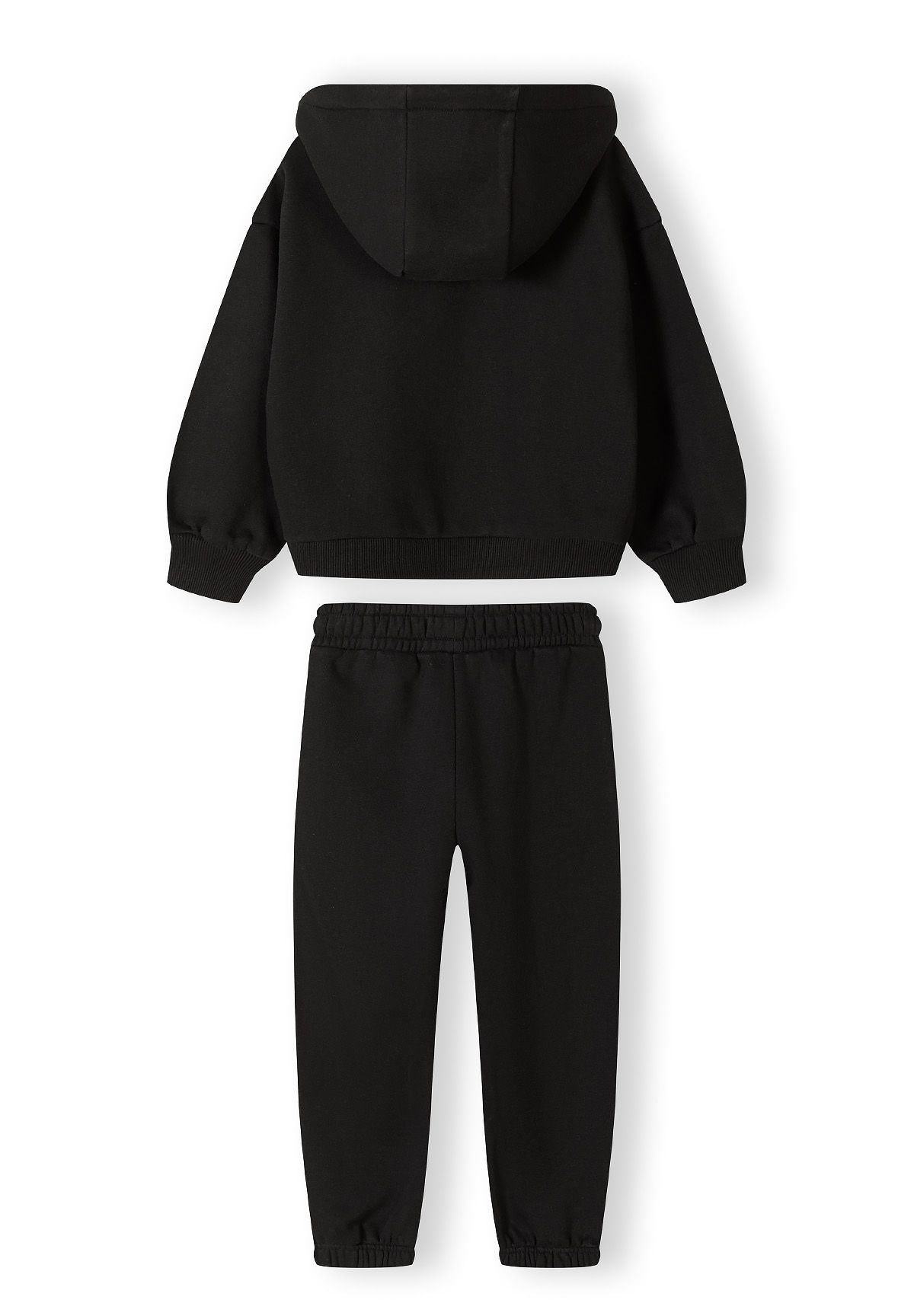 Girls hooded tracksuit in black, back view, features ribbed cuffs and elastic waistband.