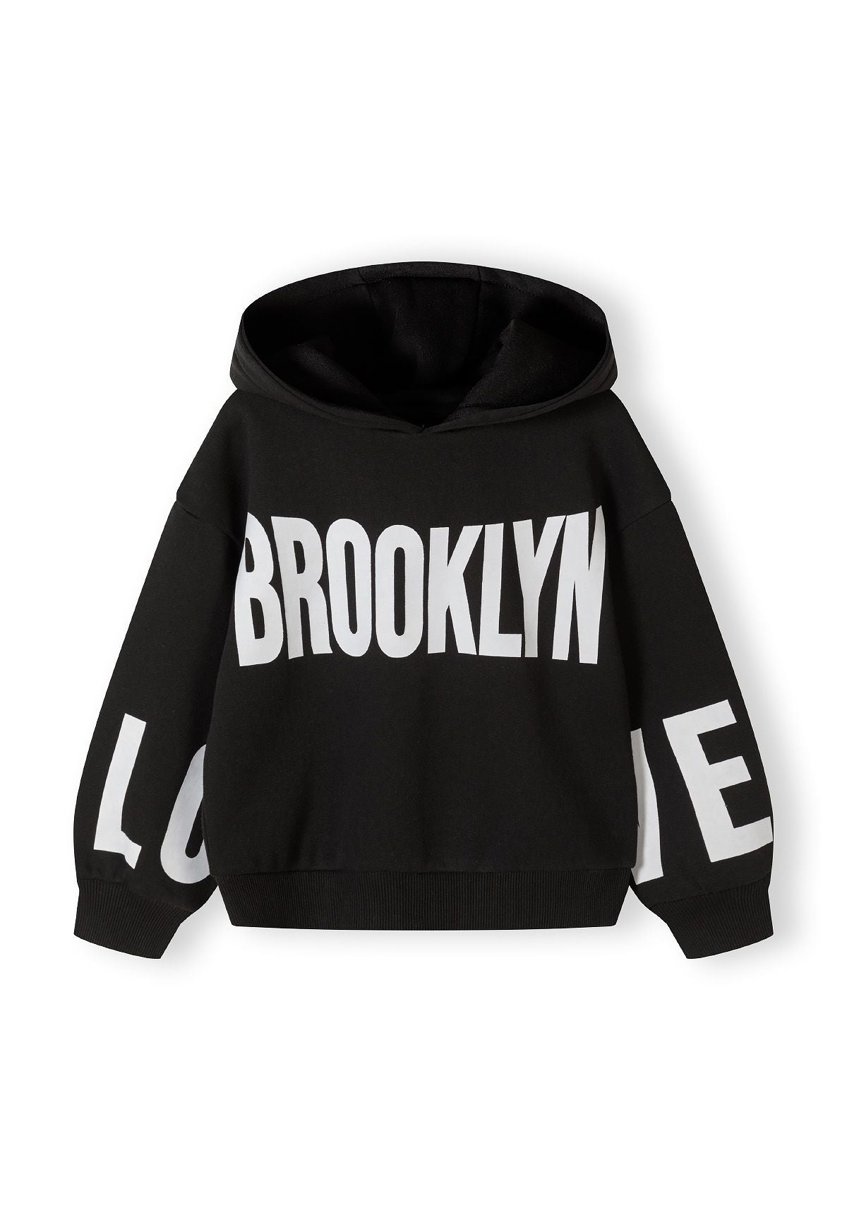 Girls black hooded tracksuit top with printed 'BROOKLYN' and 'LOVE' details, front view.
