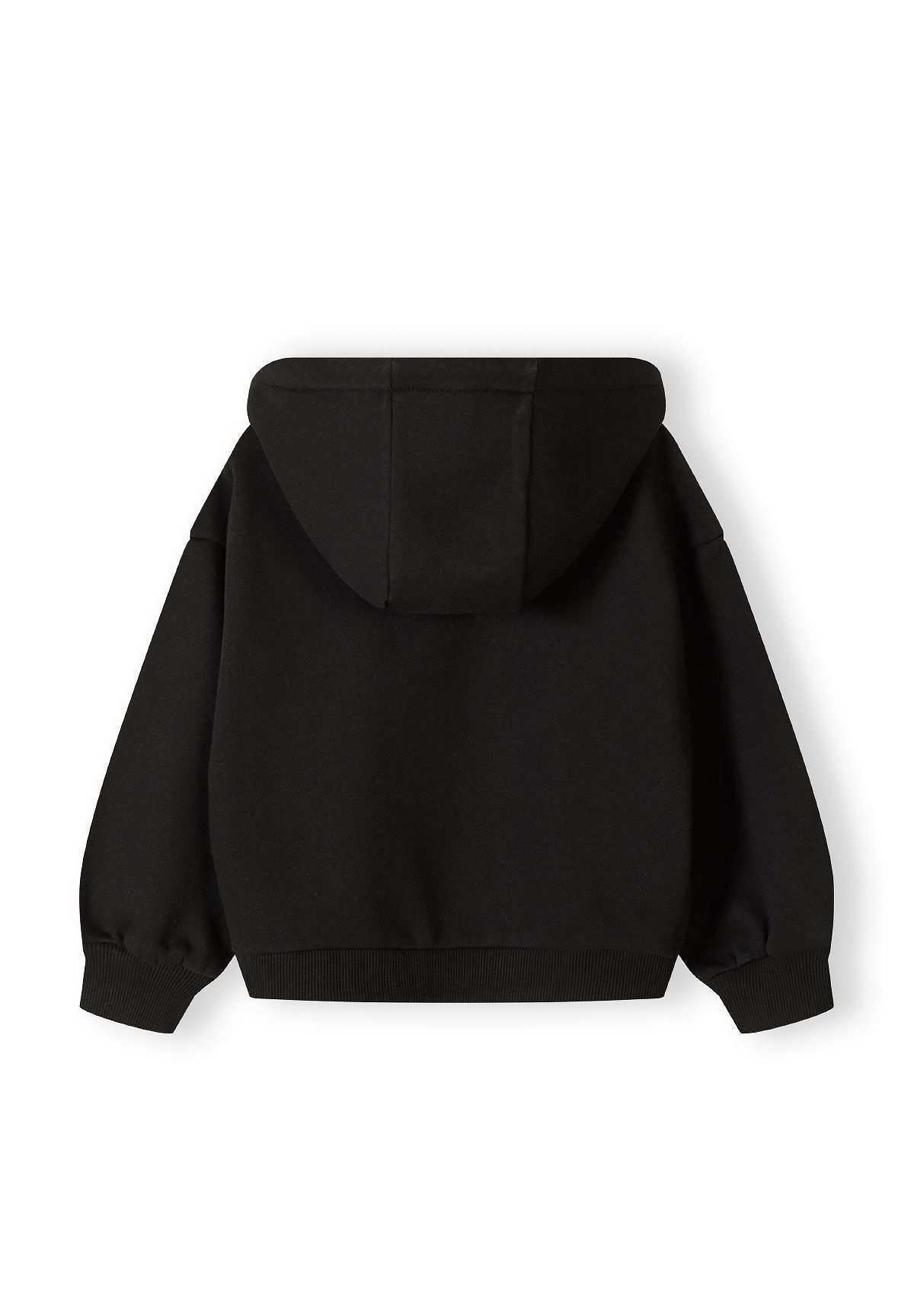 Girls hooded tracksuit in black, back view with ribbed cuffs.