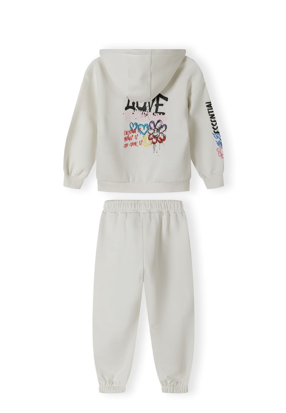 Girls hooded tracksuit in cream with printed details, featuring a hood and kangaroo pocket.