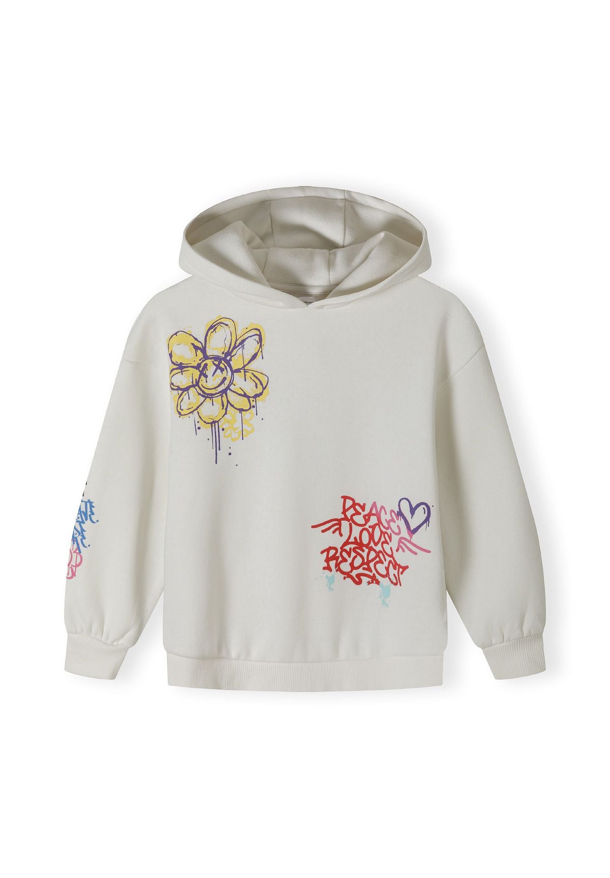 Girls hooded sweatshirt in cream with printed flower and graffiti details, front view.