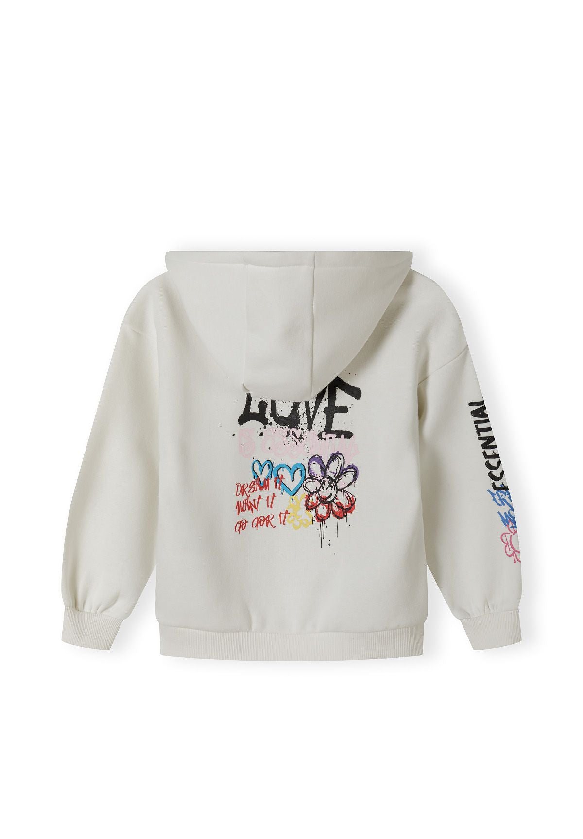 Back view of a girls hooded tracksuit in cream with printed details and ribbed cuffs.
