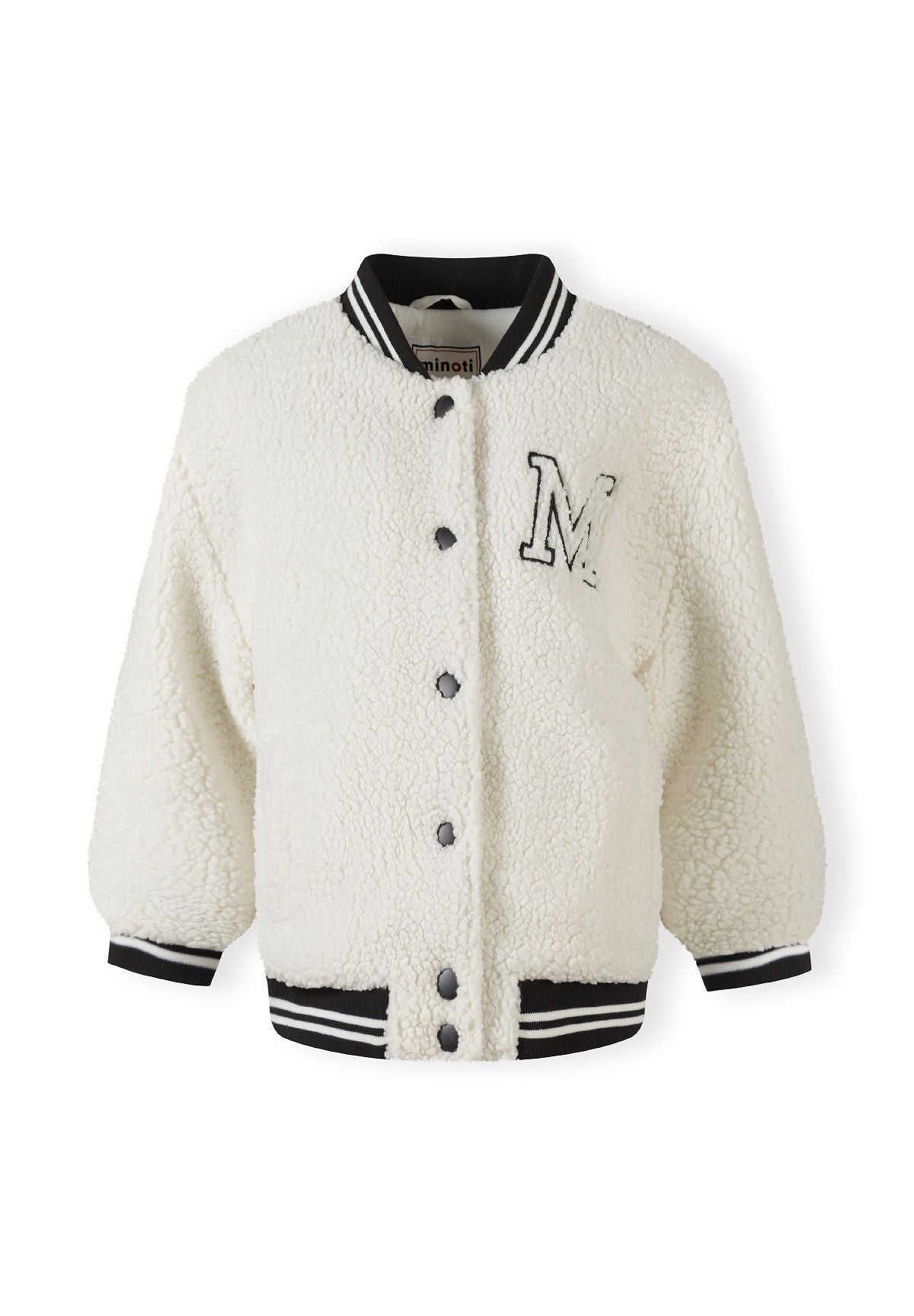 Girls borg baseball jacket in cream, front view with embroidered chest detail.