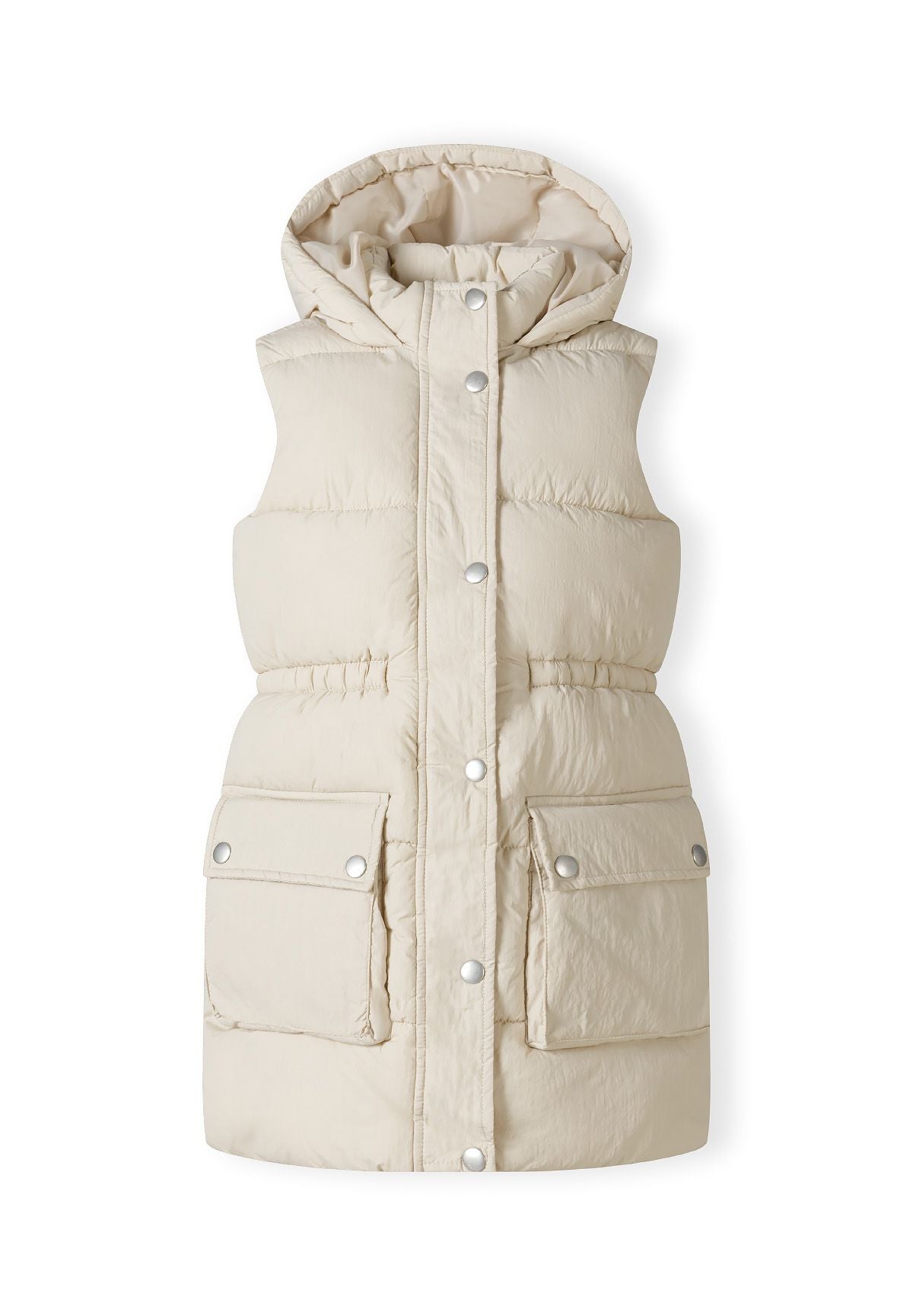 Cream longline padded gilet, front.