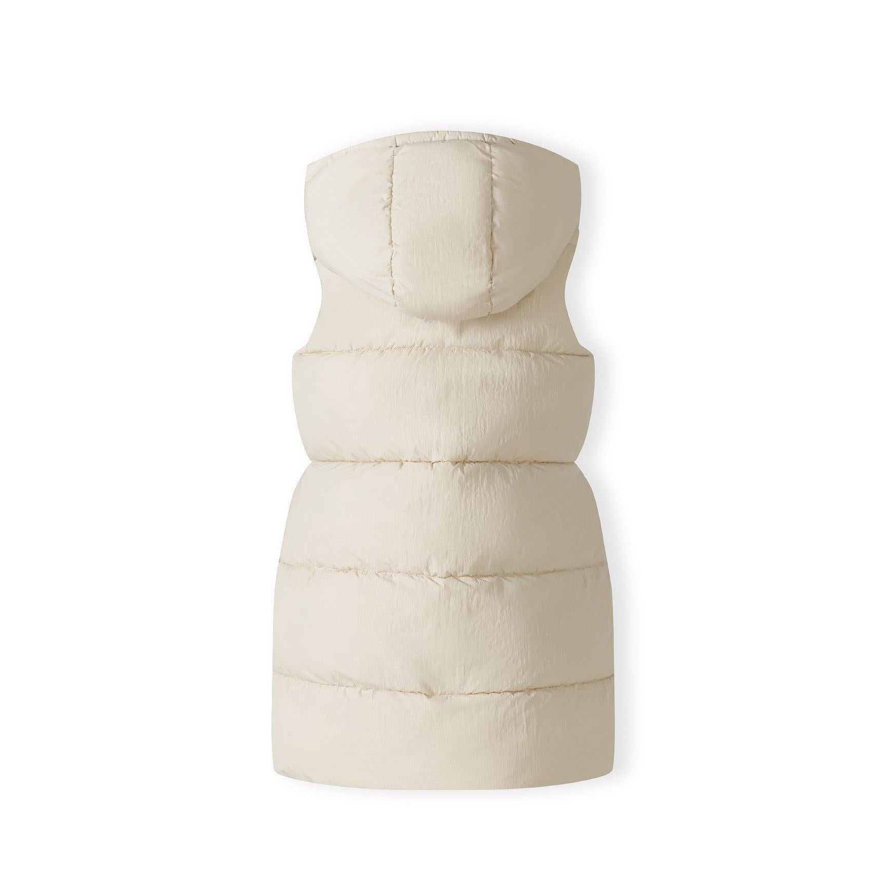 Back view of cream padded gilet showing quilted construction, hood design and overall silhouette on white background