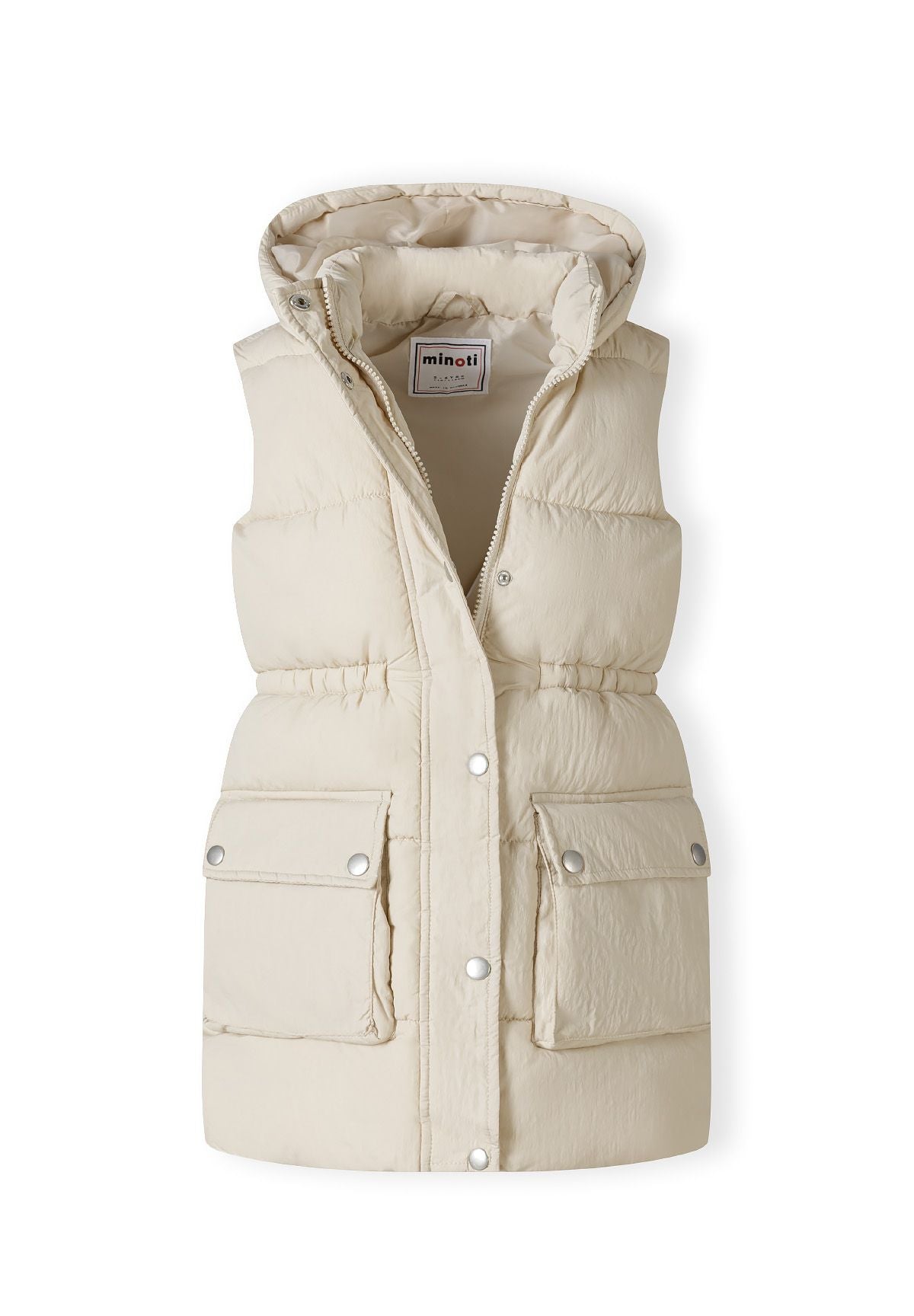 Cream longline padded gilet, open front.