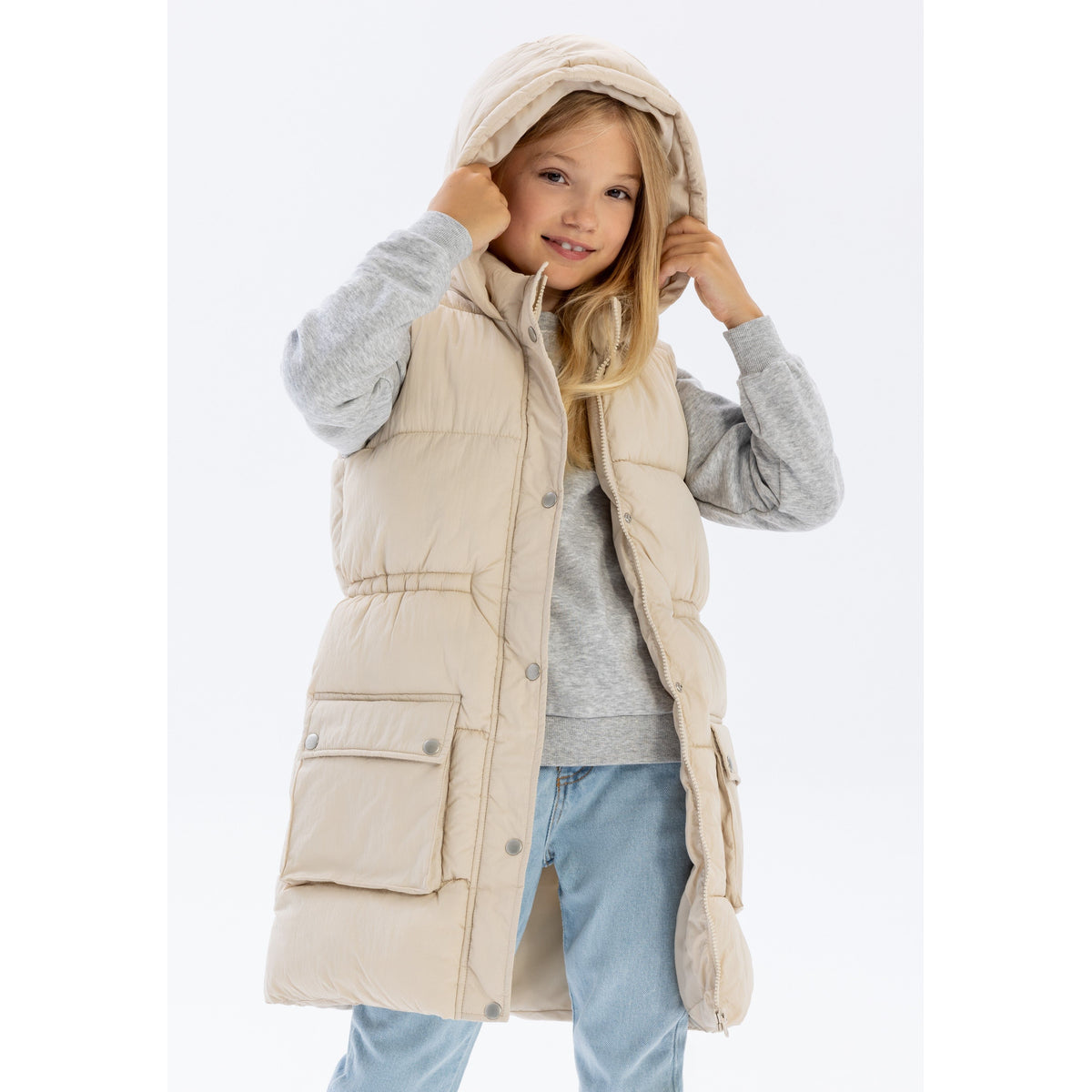 Girls' longline padded gilet in cream — complete product view for square Shop card