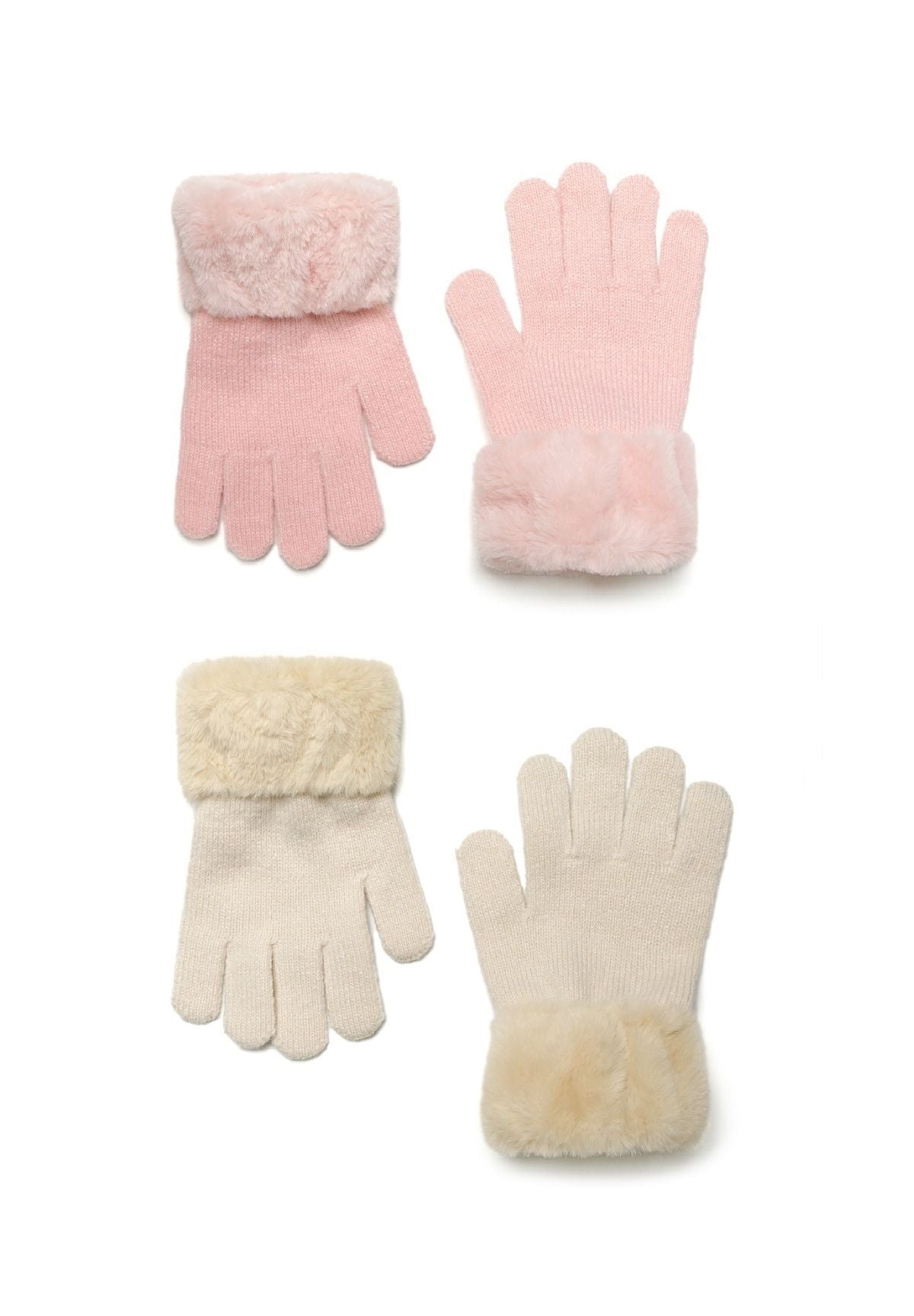 Two pairs of girls' gloves in pink and cream with faux fur cuffs, front view.