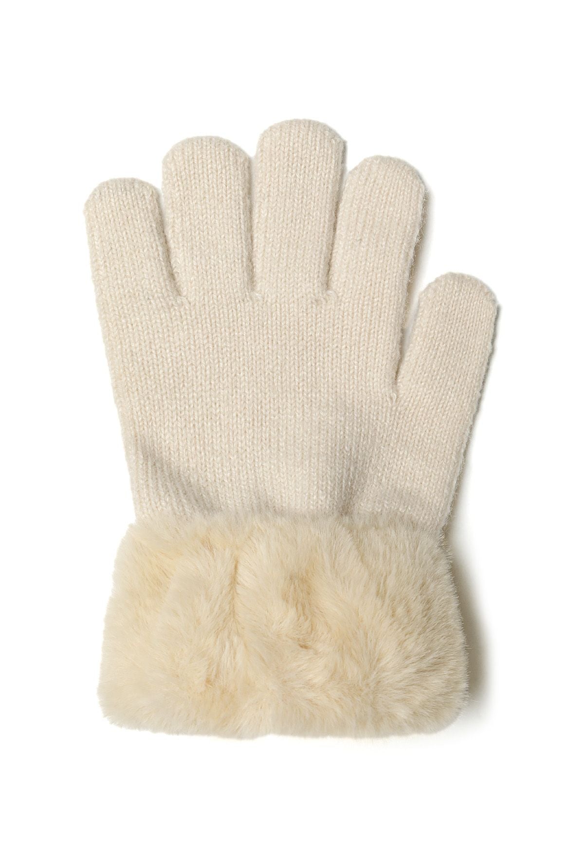Detail of a girls' glove with faux fur cuff in cream color.