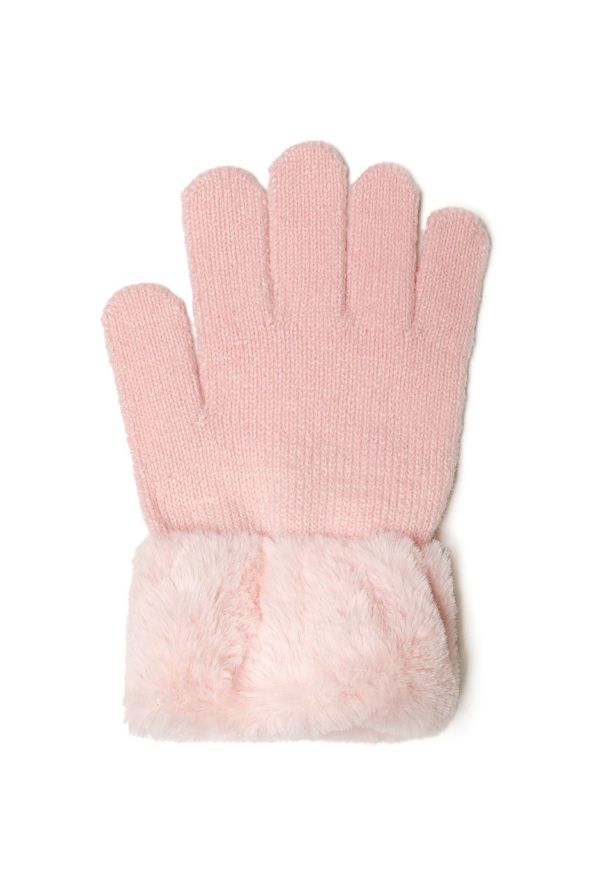 Girls' pink gloves with faux fur cuffs, front view.