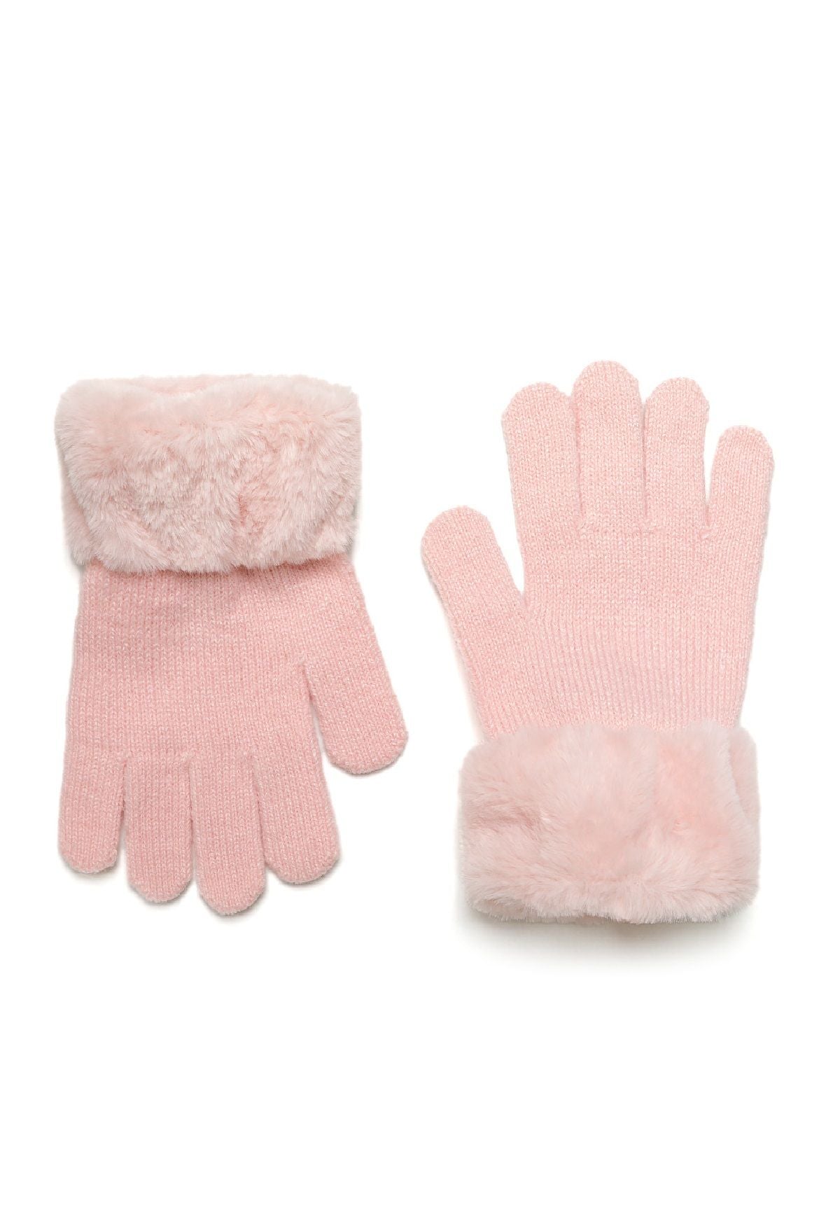 Girls' pink gloves, front view, featuring faux fur cuffs.