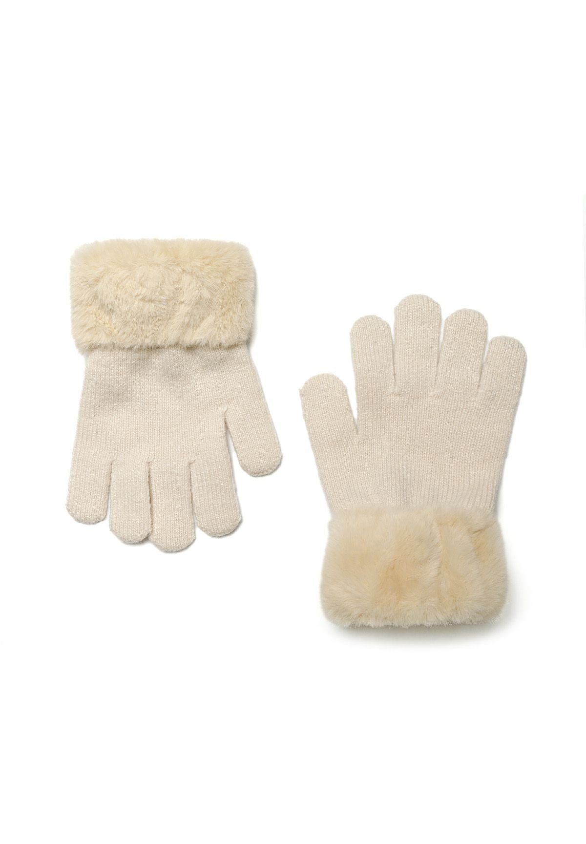 Girls' gloves in cream with faux fur cuffs, front view.