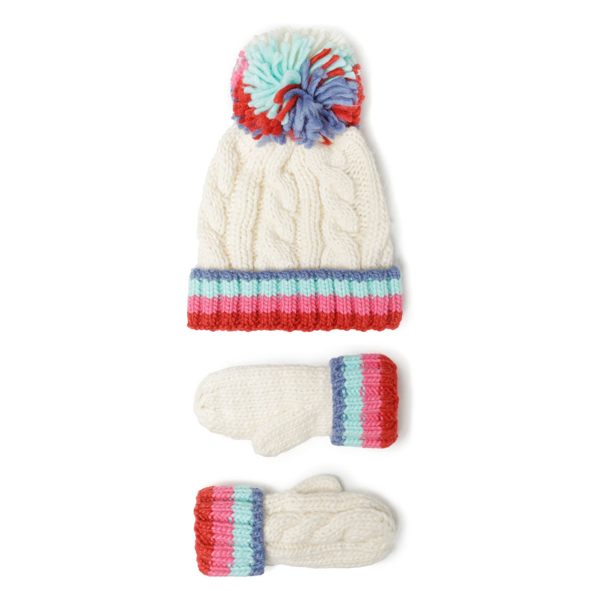 Girls' hat and mittens set in cream with multicoloured stripes — complete product view for square Shop card