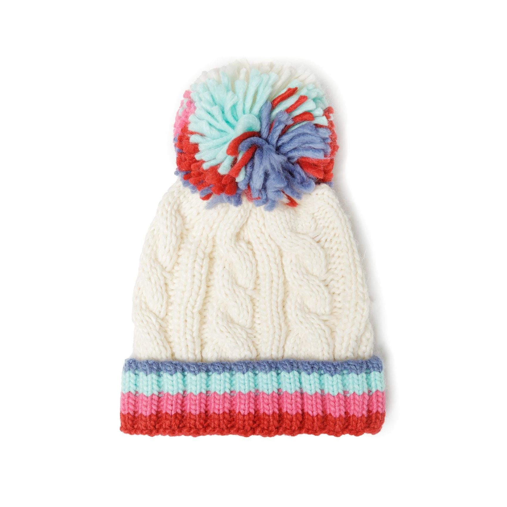 Close-up of cream cable knit mittens with rainbow striped cuffs showing detailed knit texture on white background
