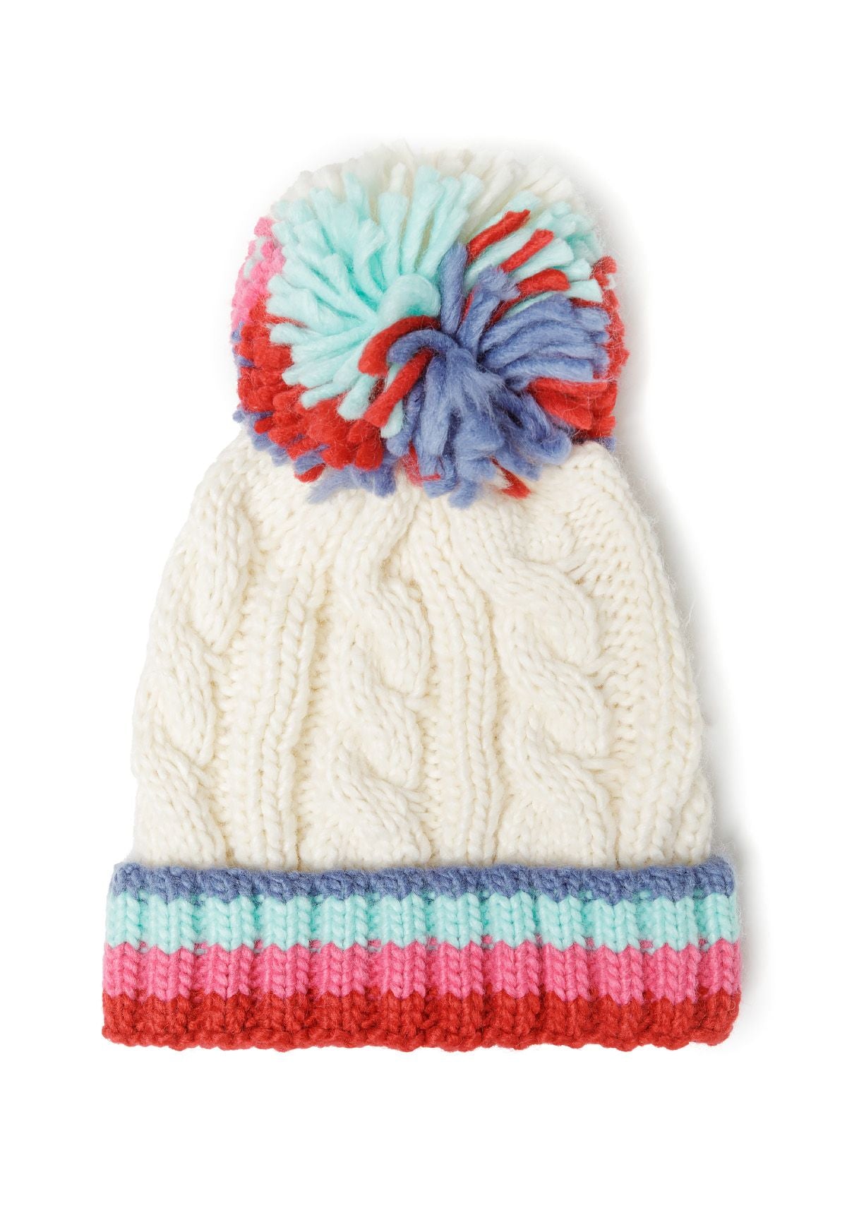 Close-up of a cream knitted girls' hat with a colorful pom pom and striped brim.