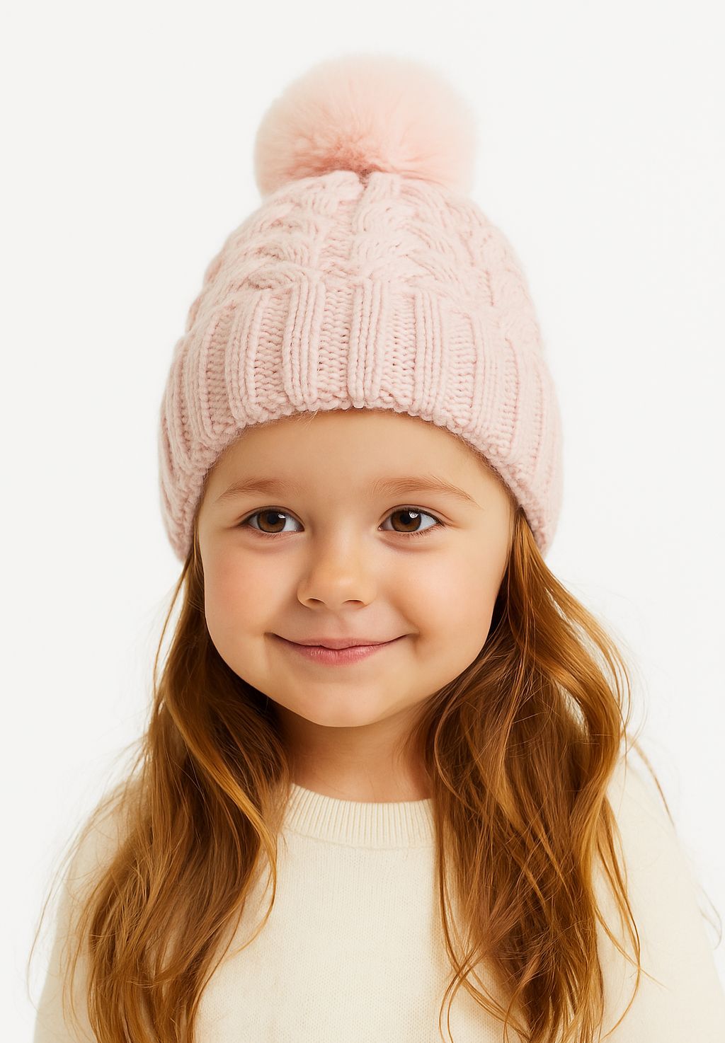 Close-up of a girls' light pink knitted cable pom pom hat with ribbed edge.