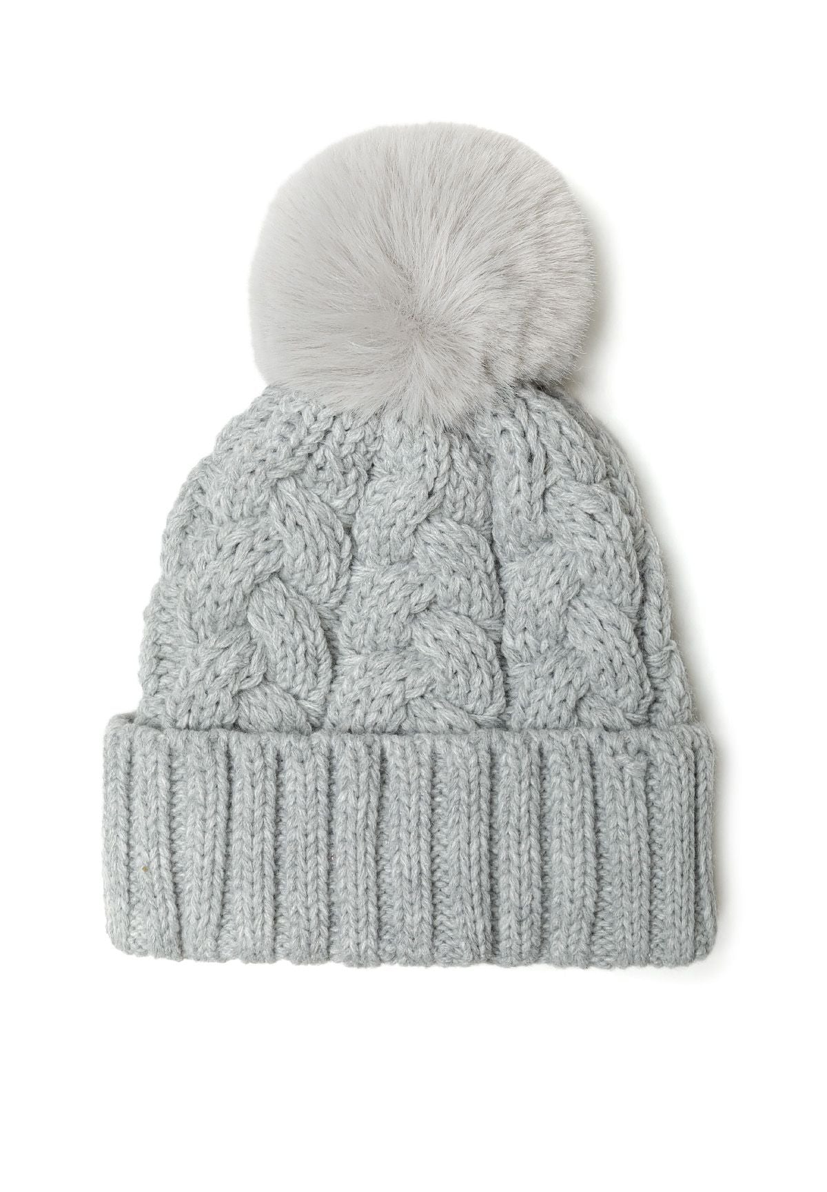 Light grey cable-knit bobble hat, front.