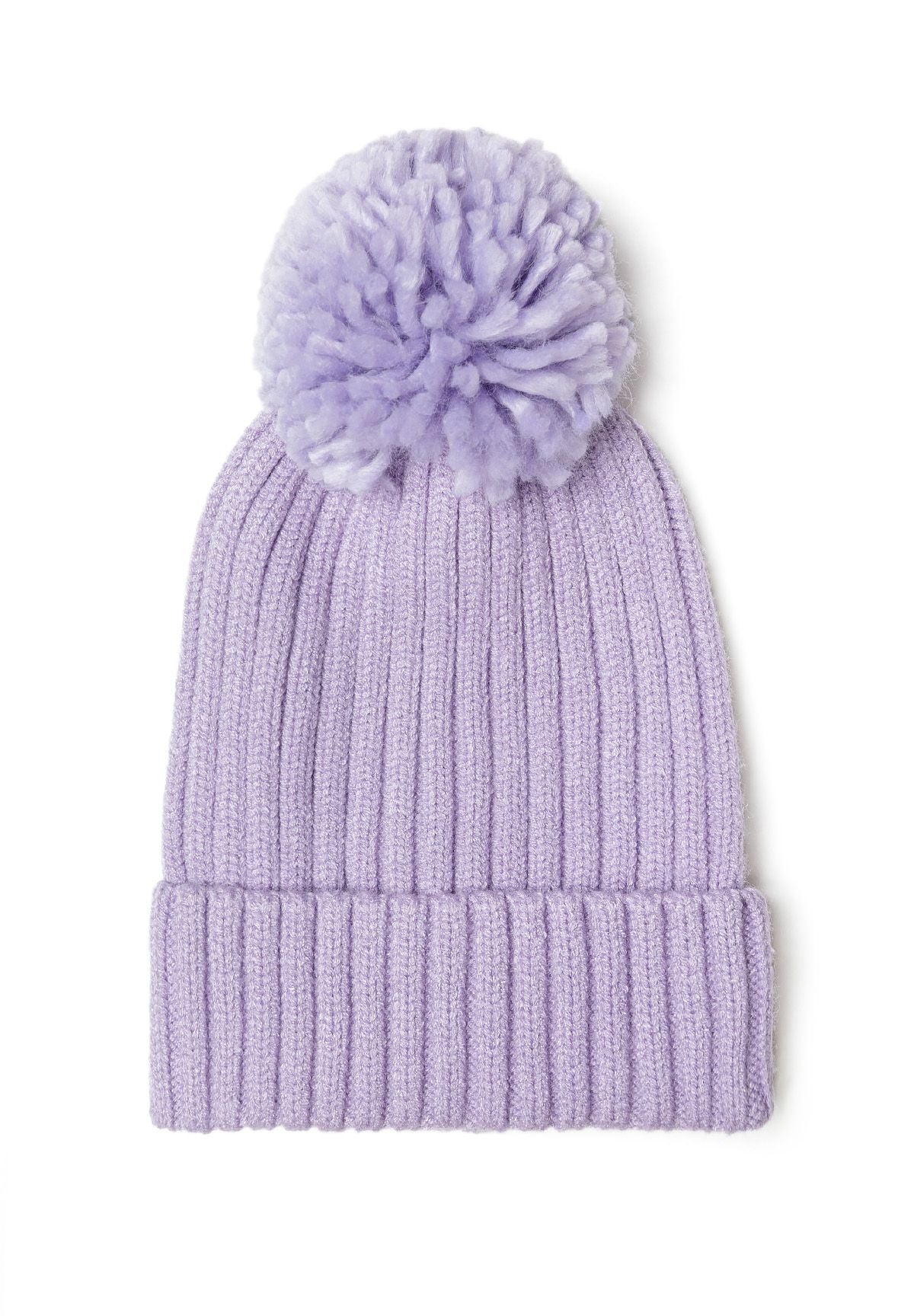 Close-up of a lilac knitted hat with a pom pom and ribbed edges.