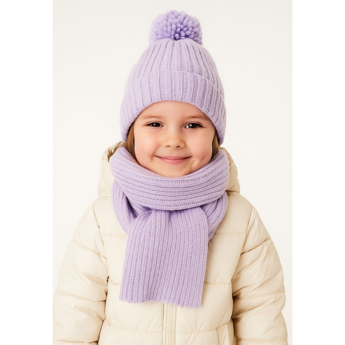 Girls' hat and scarf set in lilac — complete product view for square Shop card