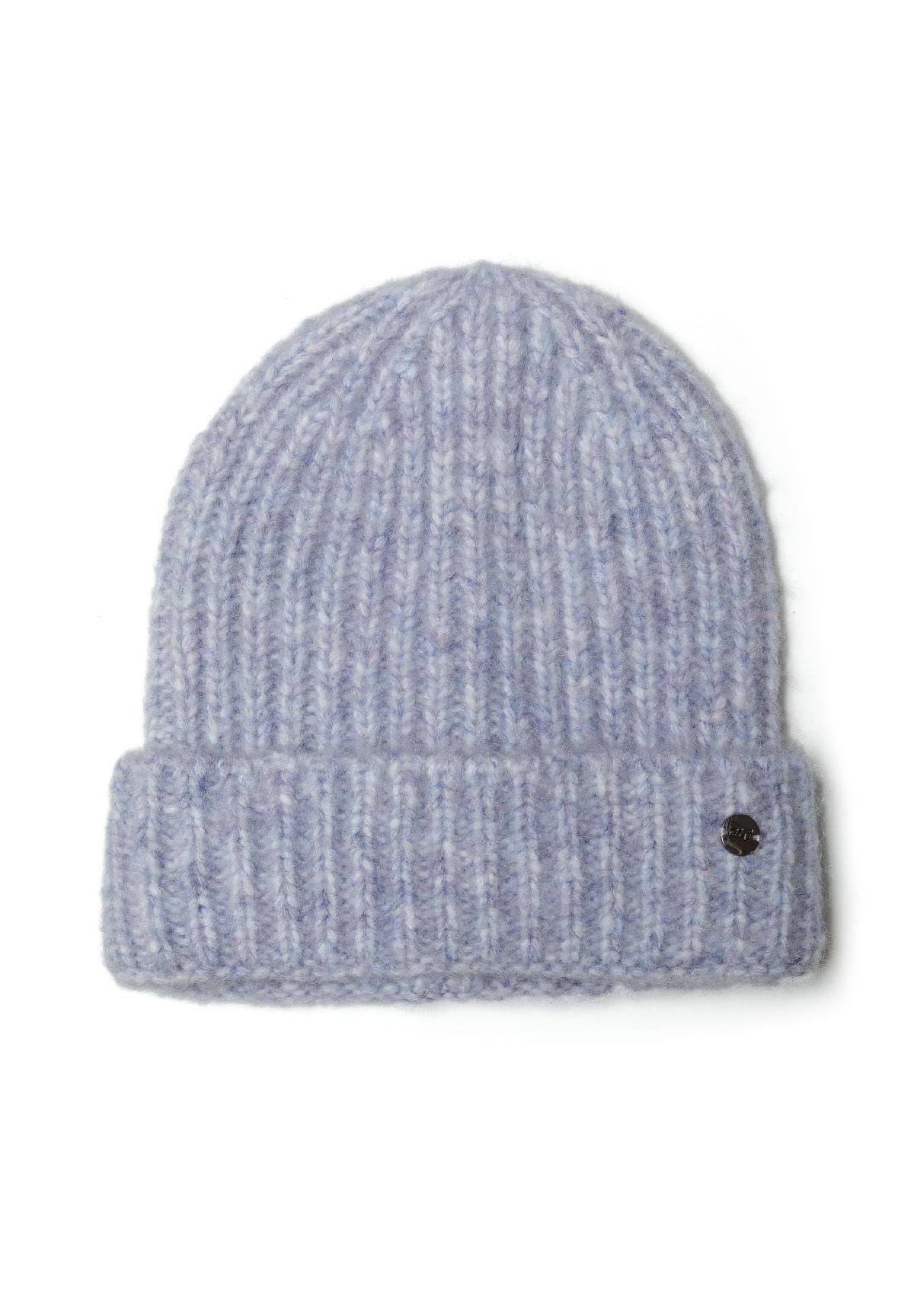 Close-up of a knitted lilac hat for girls, featuring a ribbed design and a metal badge.