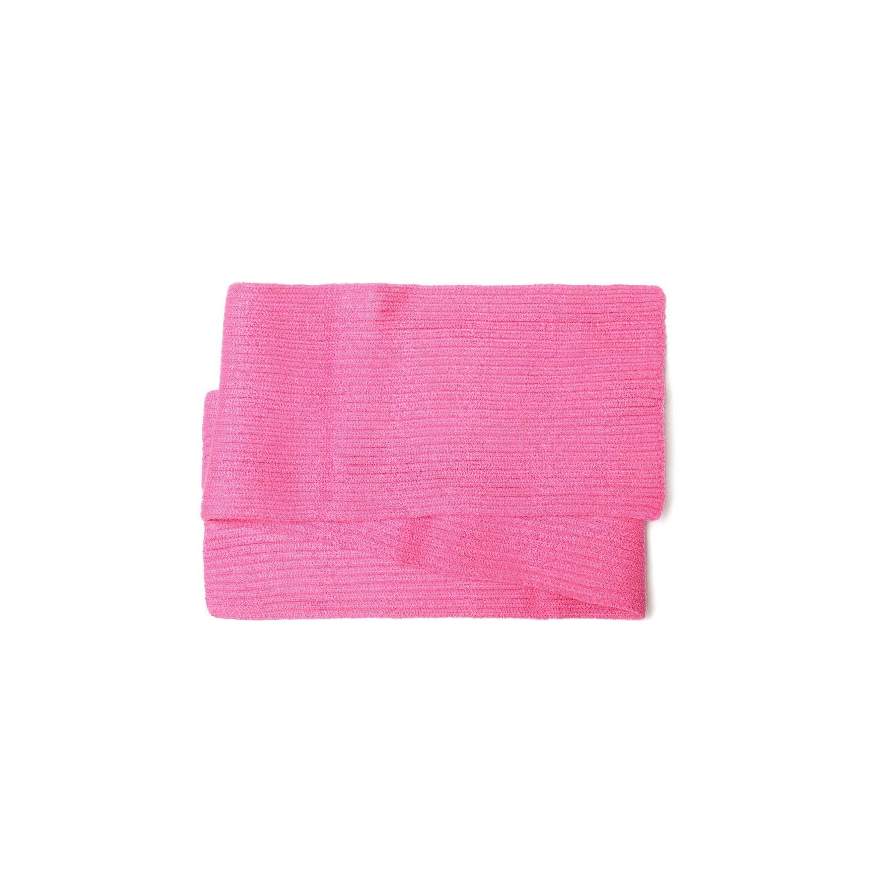 Close-up texture detail of pink ribbed knit scarf showing soft fabric weave and ribbed pattern