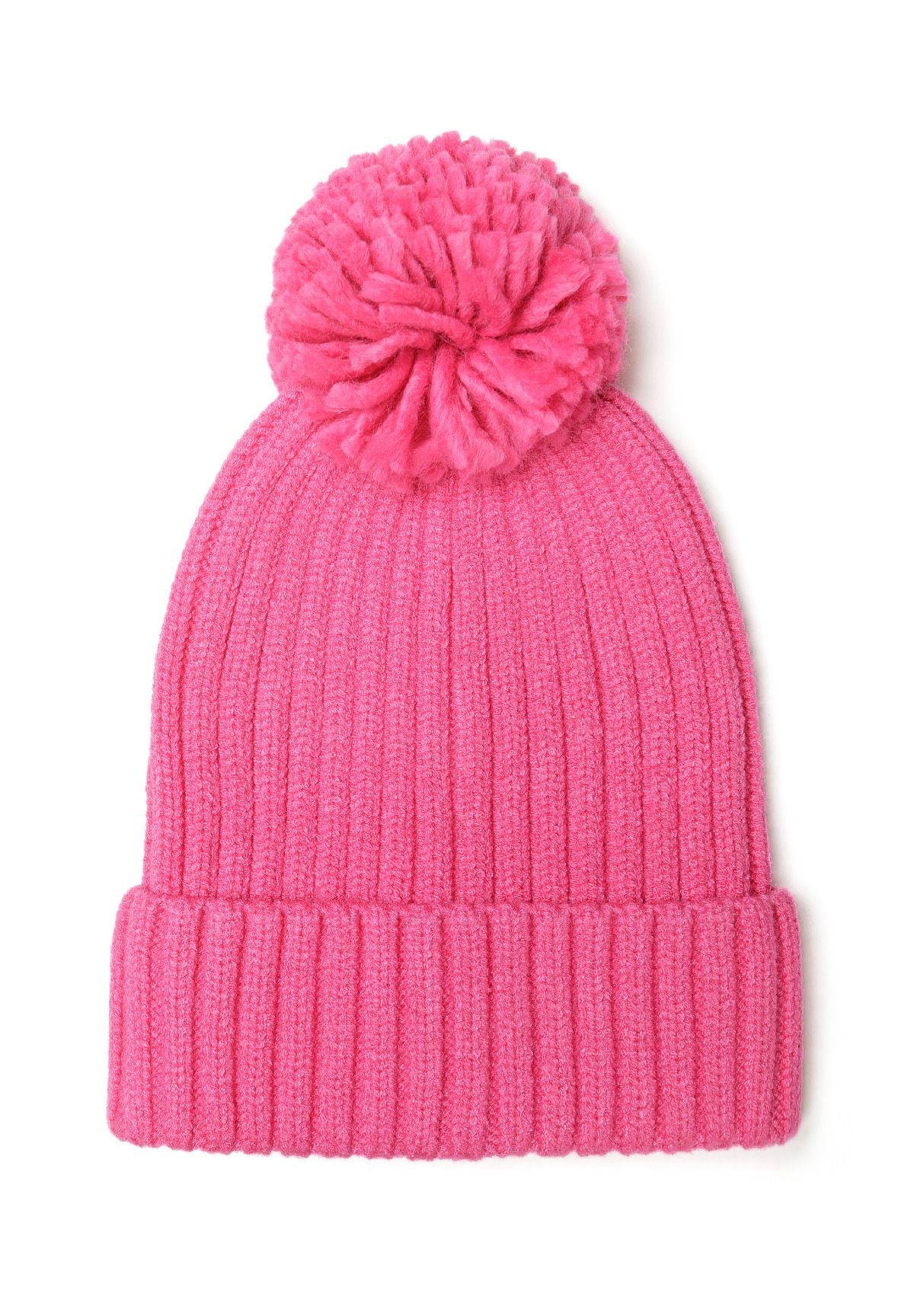 Close-up of a pink knitted hat with a pom pom and ribbed cuff.
