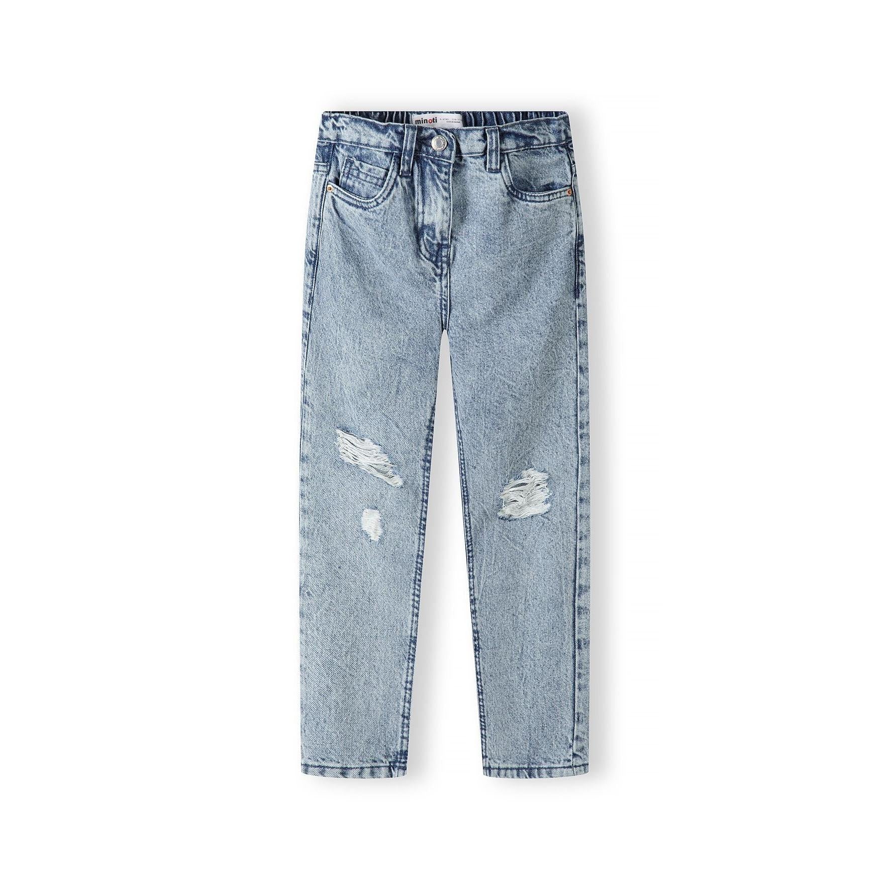 Light blue ripped mom jeans shown flat against white background, featuring vintage acid wash and distressed details on front legs