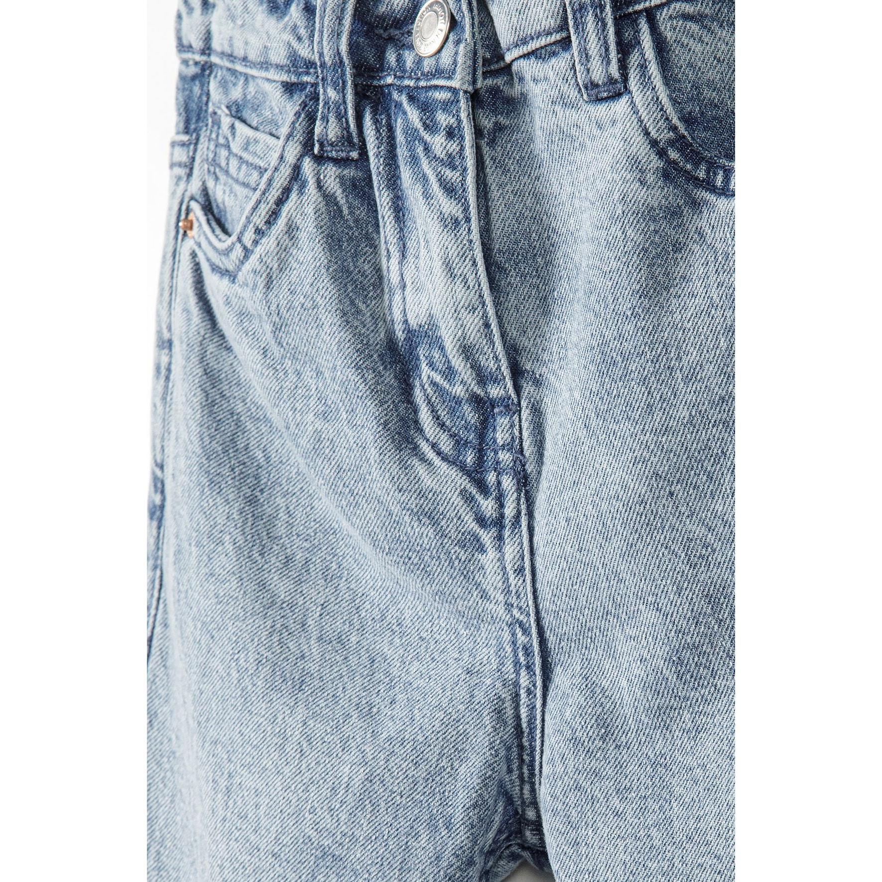 Close-up detail of light blue denim texture showing button fastening, pocket stitching and vintage acid wash effect